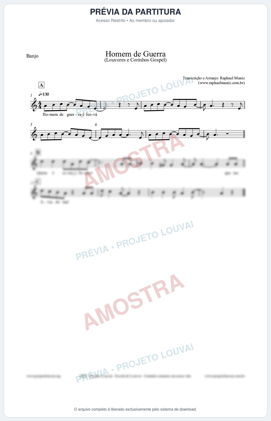 Prévia protegida da primeira página da partitura Partitura para Banjo - Homem de Guerra - Louvores e Corinhos Gospel