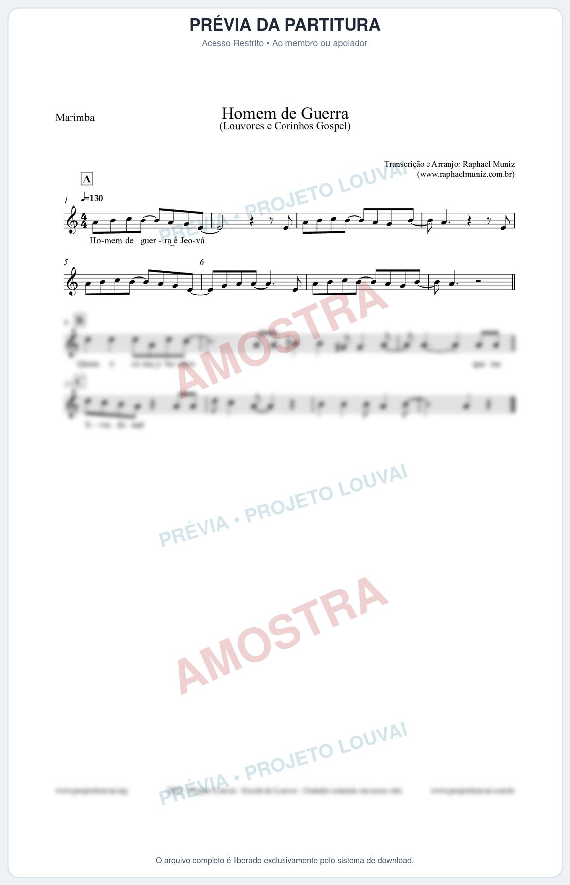 Prévia protegida da primeira página da partitura Partitura para Marimba - Homem de Guerra - Louvores e Corinhos Gospel