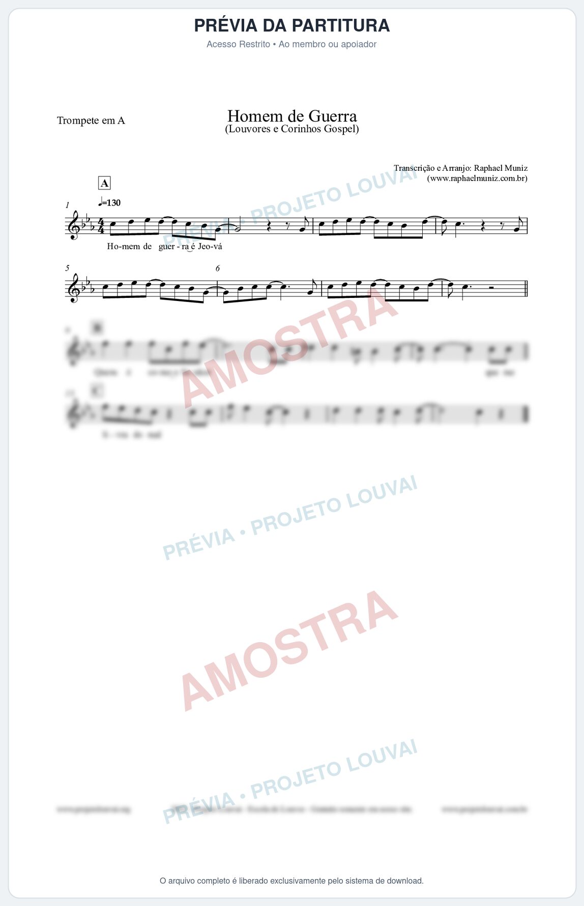 Prévia protegida da primeira página da partitura Partitura para Trompete em A - Homem de Guerra - Louvores e Corinhos Gospel