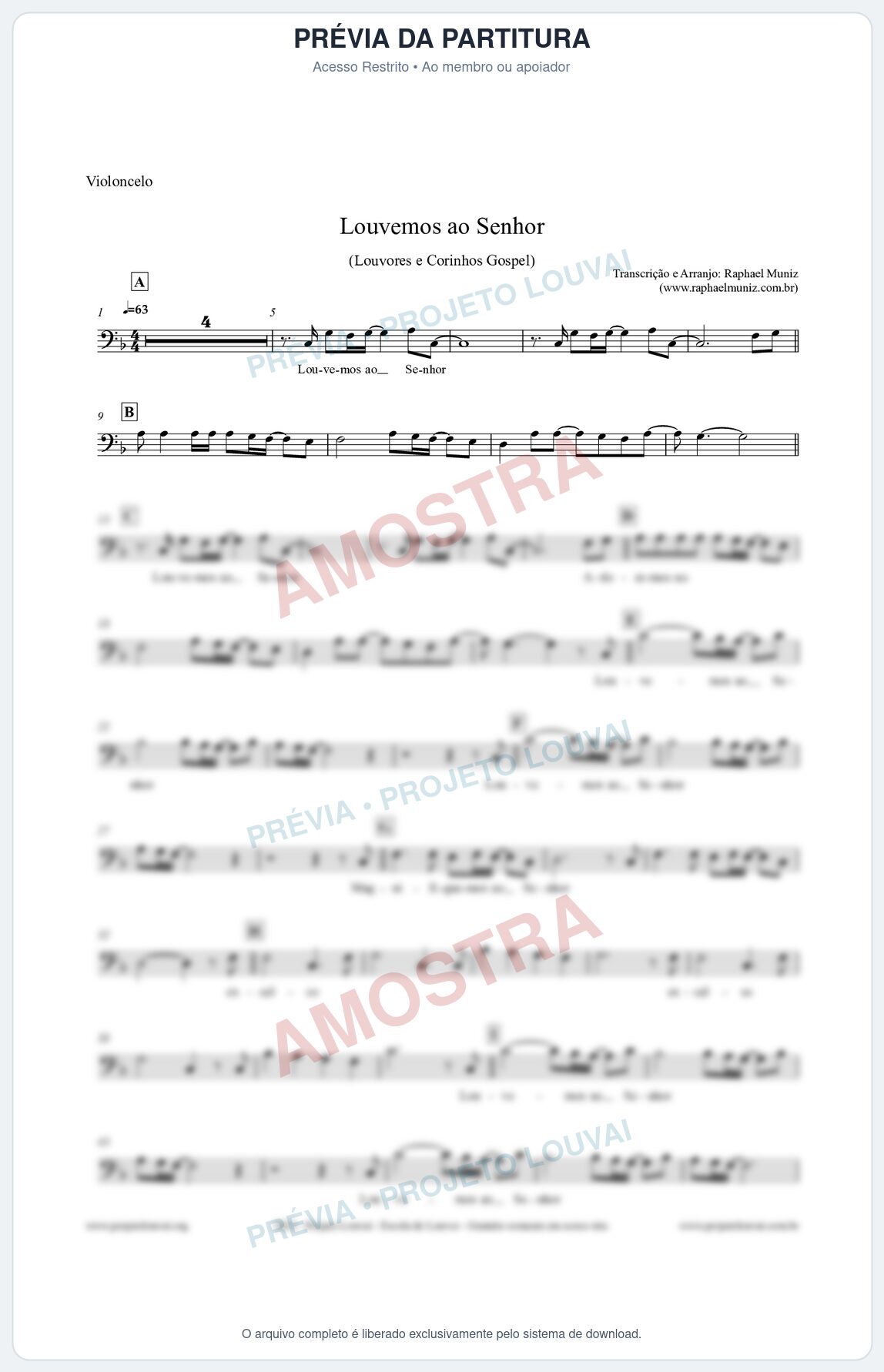Prévia protegida da primeira página da partitura Partitura para Violoncelo - Louvemos ao Senhor - Louvores e Corinhos Gospel
