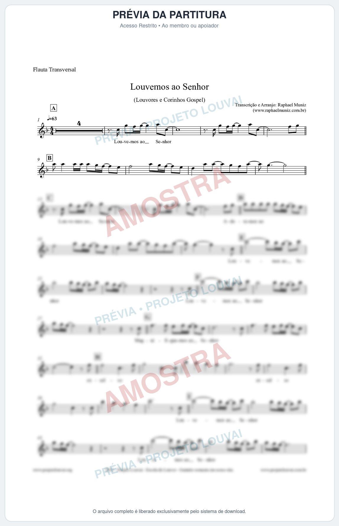 Prévia protegida da primeira página da partitura Partitura para Flauta Transversal - Louvemos ao Senhor - Louvores e Corinhos Gospel