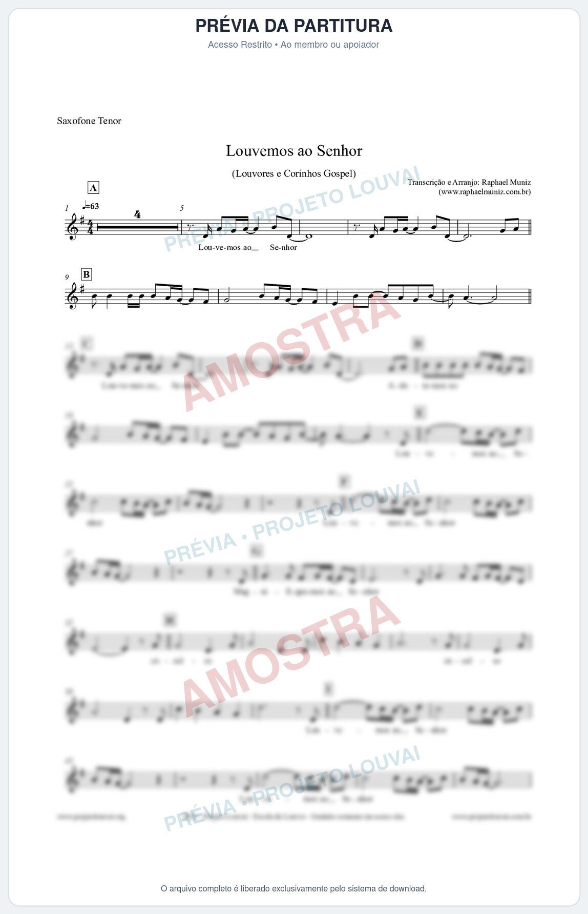 Prévia protegida da primeira página da partitura Partitura para Saxofone Tenor - Louvemos ao Senhor - Louvores e Corinhos Gospel