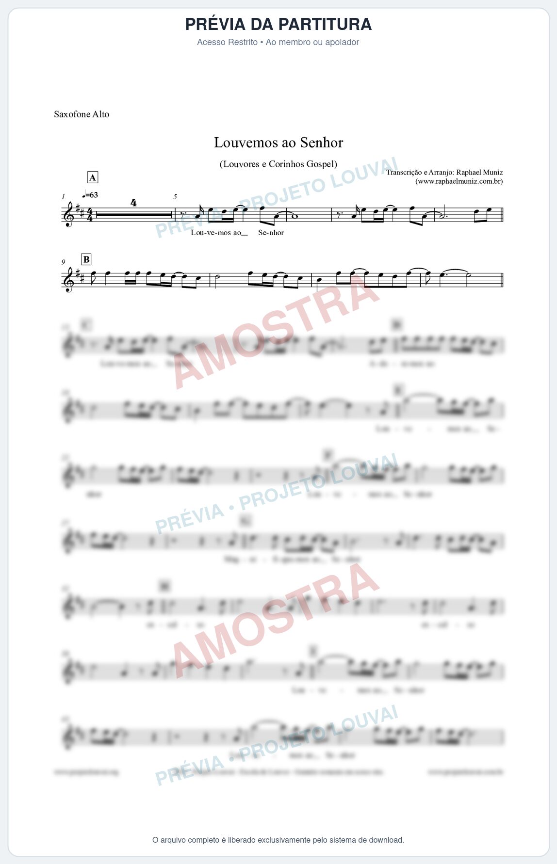 Prévia protegida da primeira página da partitura Partitura para Saxofone Alto - Louvemos ao Senhor - Louvores e Corinhos Gospel