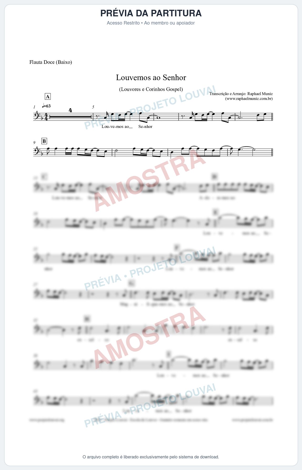 Prévia protegida da primeira página da partitura Partitura para Flauta Doce (Baixo) - Louvemos ao Senhor - Louvores e Corinhos Gospel
