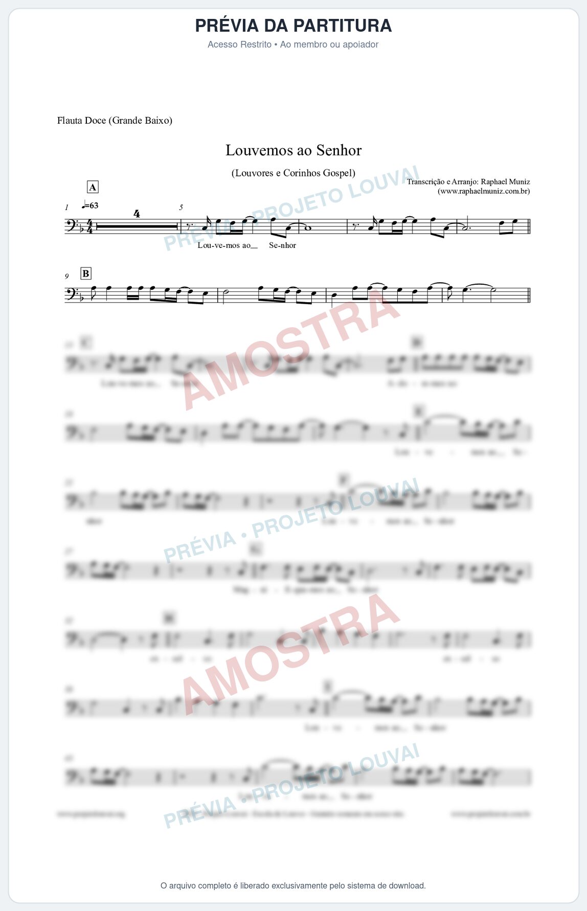 Prévia protegida da primeira página da partitura Partitura para Flauta Doce (Grande Baixo) - Louvemos ao Senhor - Louvores e Corinhos Gospel