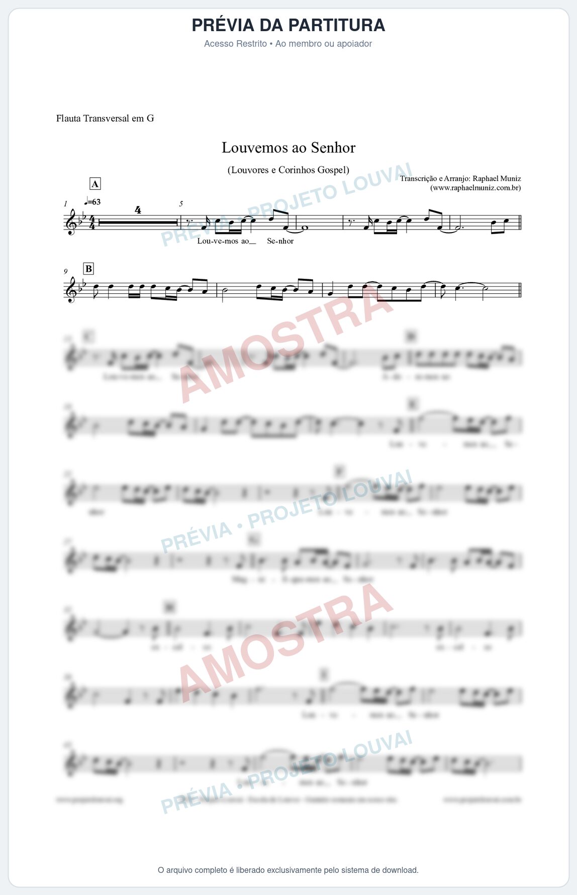 Prévia protegida da primeira página da partitura Partitura para Flauta Transversal em G - Louvemos ao Senhor - Louvores e Corinhos Gospel