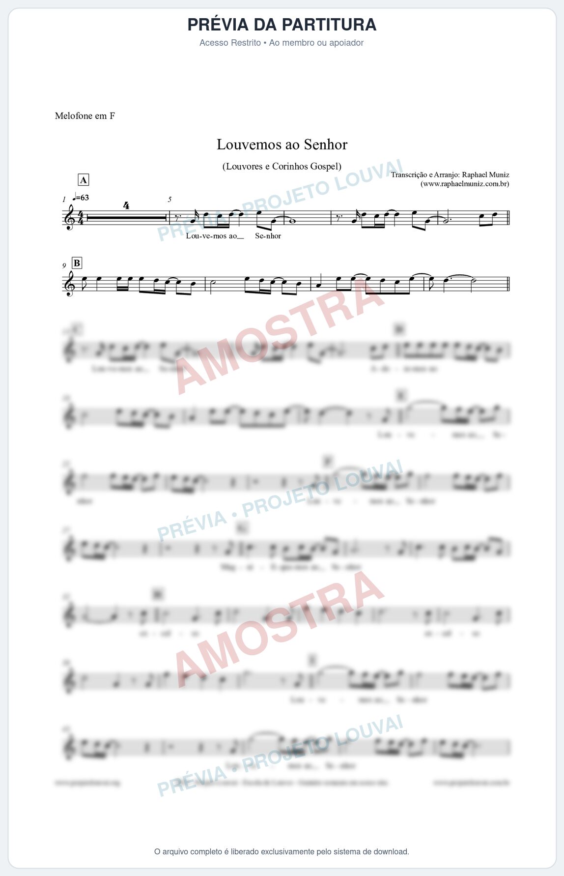 Prévia protegida da primeira página da partitura Partitura para Melofone em F - Louvemos ao Senhor - Louvores e Corinhos Gospel