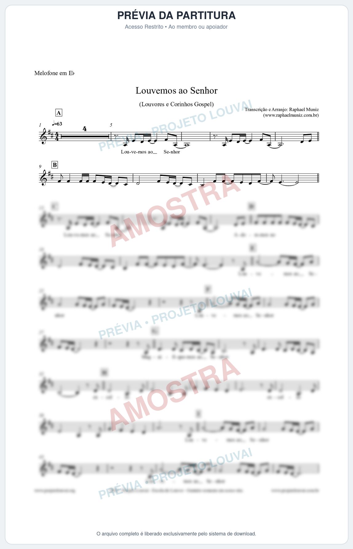 Prévia protegida da primeira página da partitura Partitura para Melofone em Eb - Louvemos ao Senhor - Louvores e Corinhos Gospel