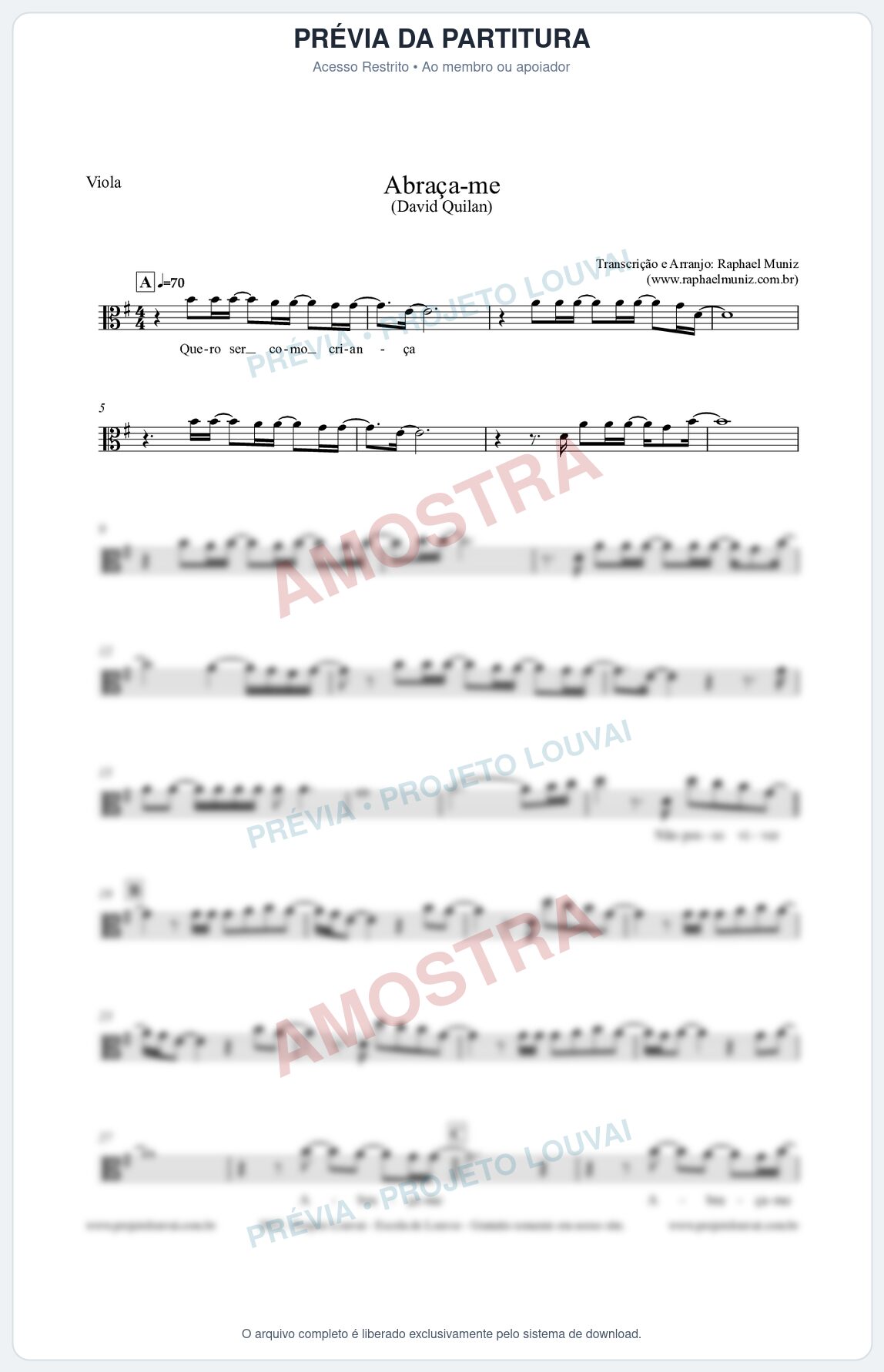 Prévia protegida da primeira página da partitura Partitura para Viola - Abraça-me - David Quinlan