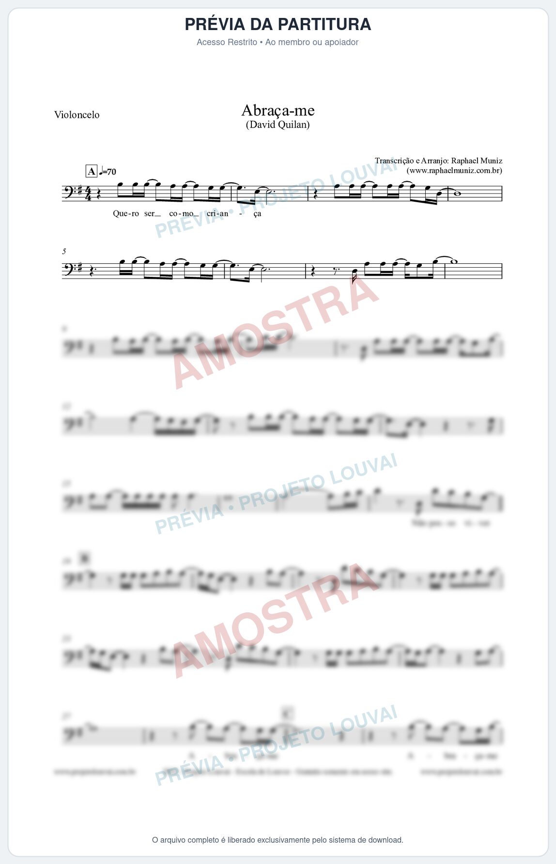 Prévia protegida da primeira página da partitura Partitura para Violoncelo - Abraça-me - David Quinlan