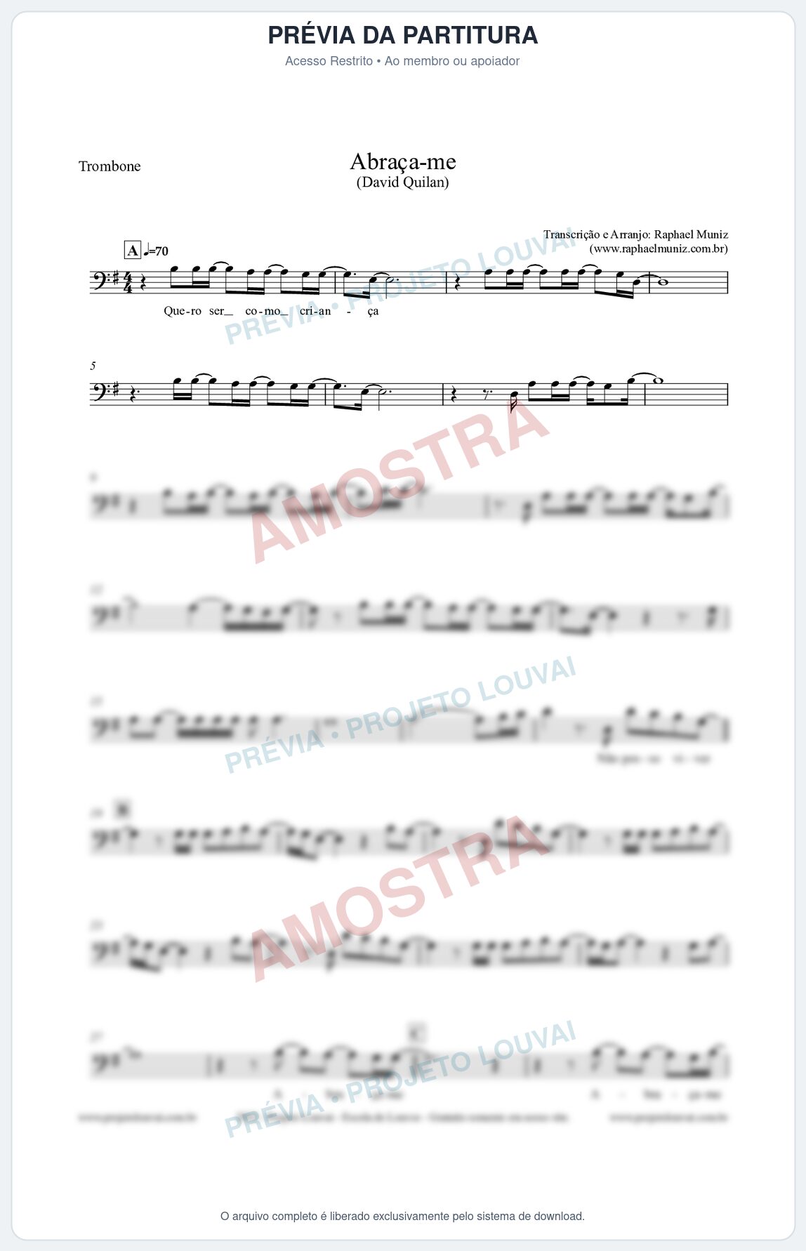 Prévia protegida da primeira página da partitura Partitura para Trombone - Abraça-me - David Quinlan