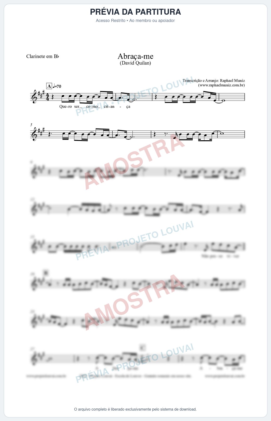 Prévia protegida da primeira página da partitura Partitura para Clarinete em Bb - Abraça-me - David Quinlan