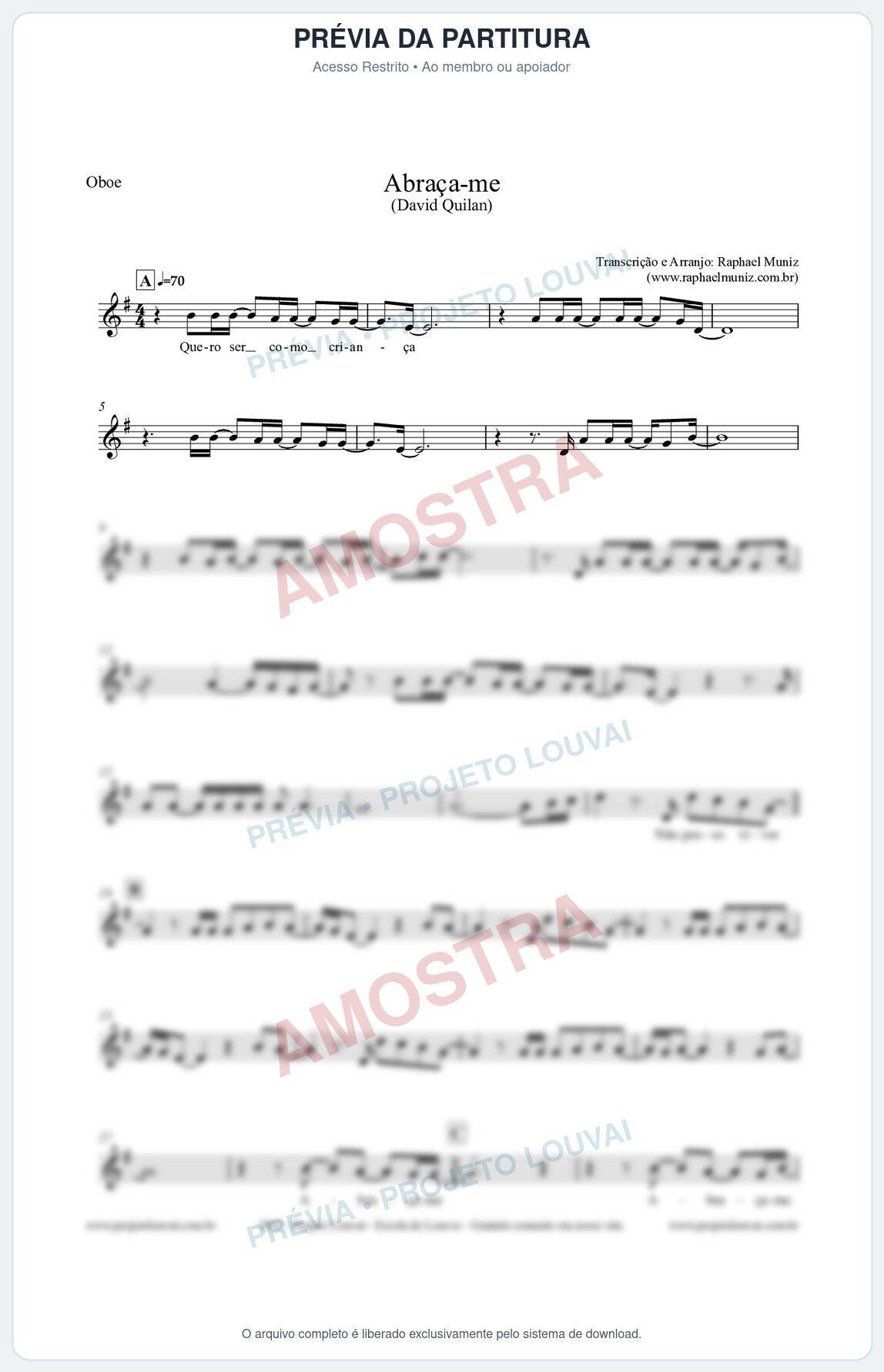 Prévia protegida da primeira página da partitura Partitura para Oboé - Abraça-me - David Quinlan