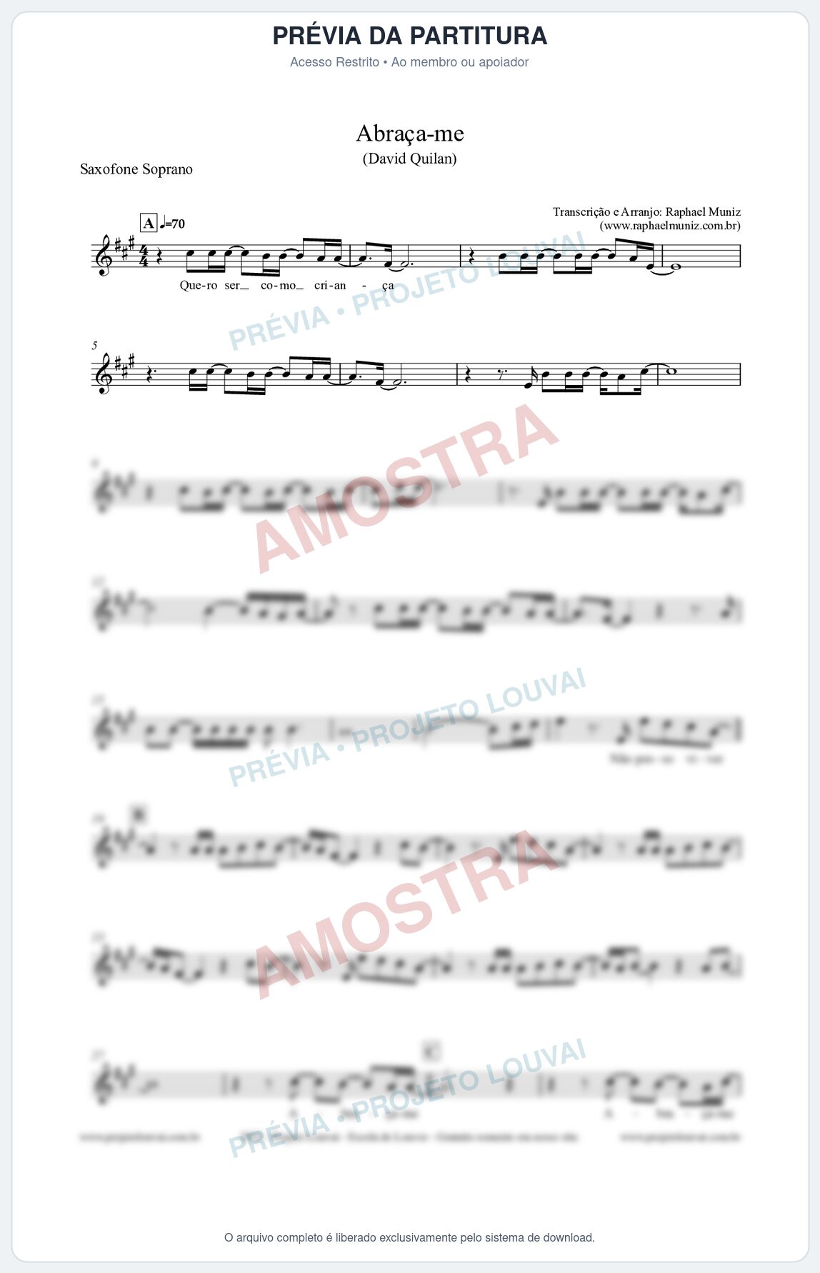 Prévia protegida da primeira página da partitura Partitura para Saxofone Soprano - Abraça-me - David Quinlan