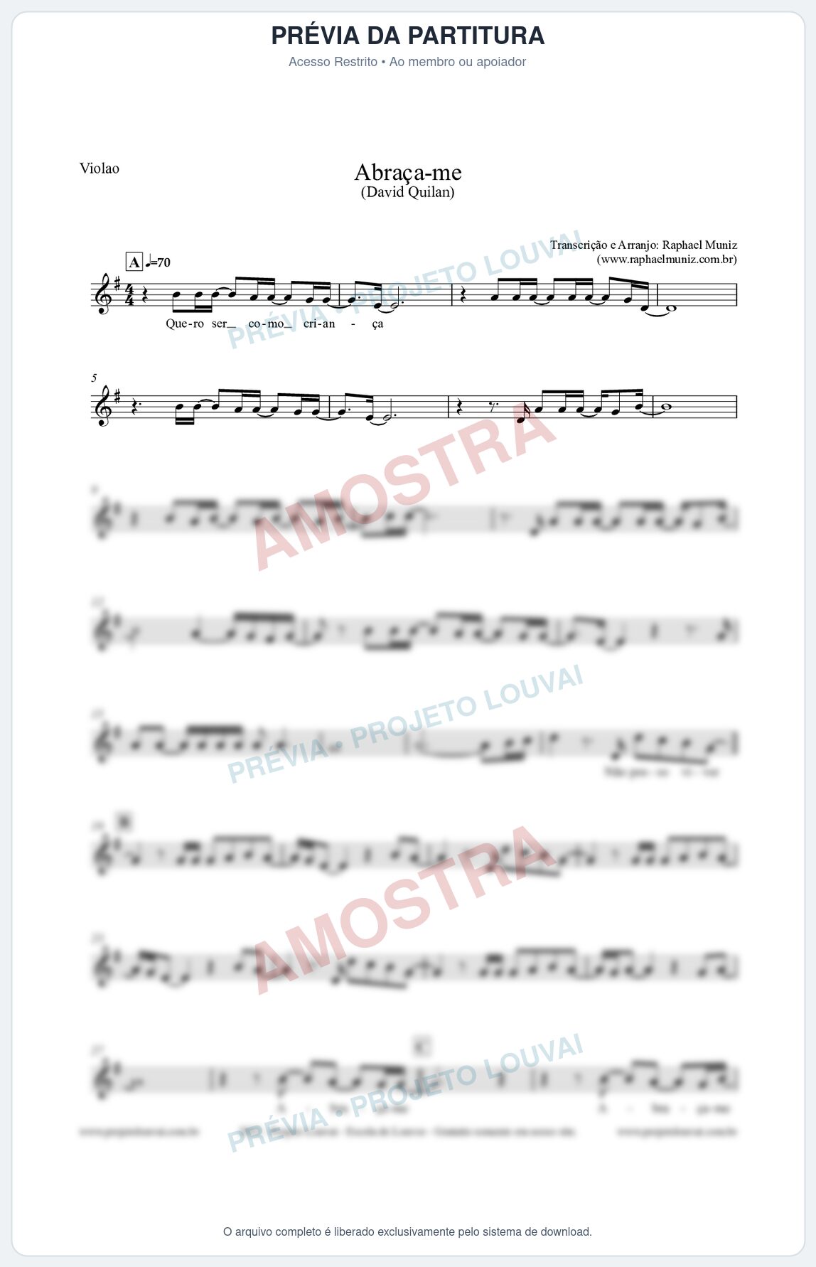 Prévia protegida da primeira página da partitura Partitura para Violão - Abraça-me - David Quinlan