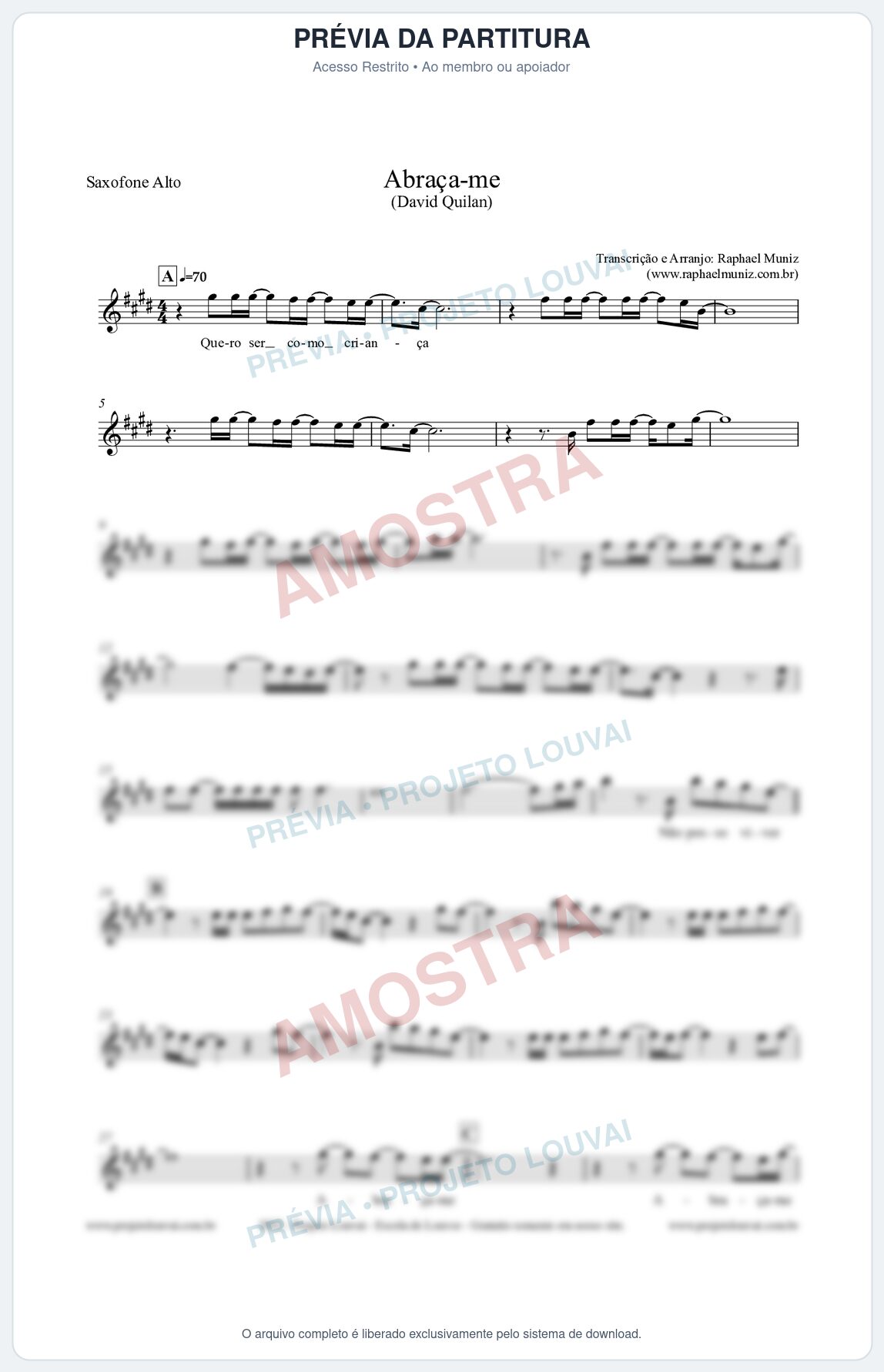 Prévia protegida da primeira página da partitura Partitura para Saxofone Alto - Abraça-me - David Quinlan