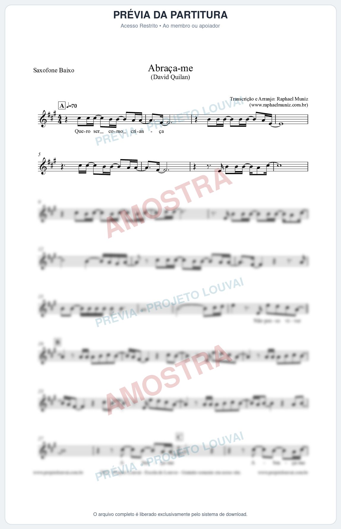 Prévia protegida da primeira página da partitura Partitura para Saxofone Baixo - Abraça-me - David Quinlan
