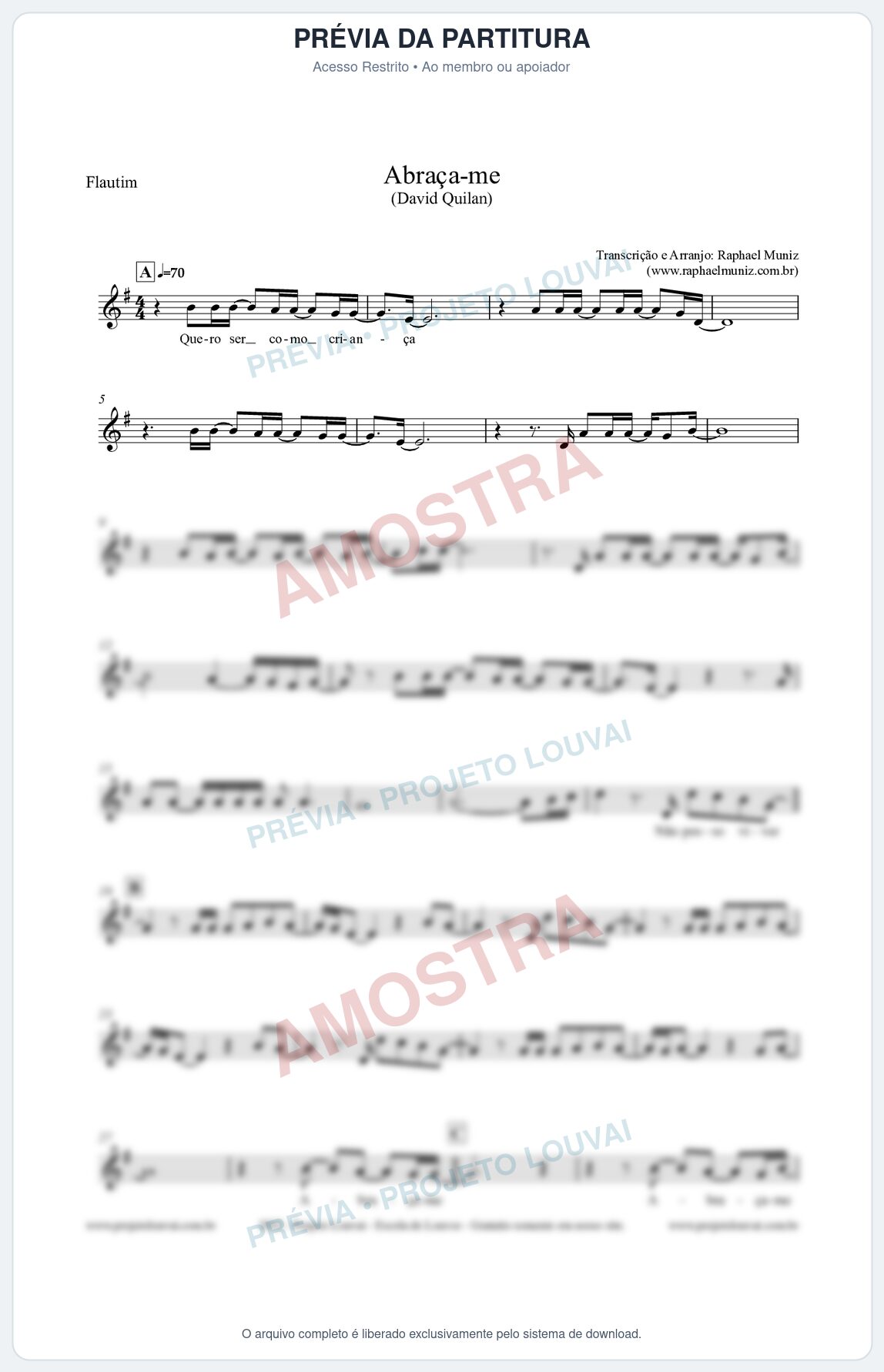 Prévia protegida da primeira página da partitura Partitura para Flautim - Abraça-me - David Quinlan