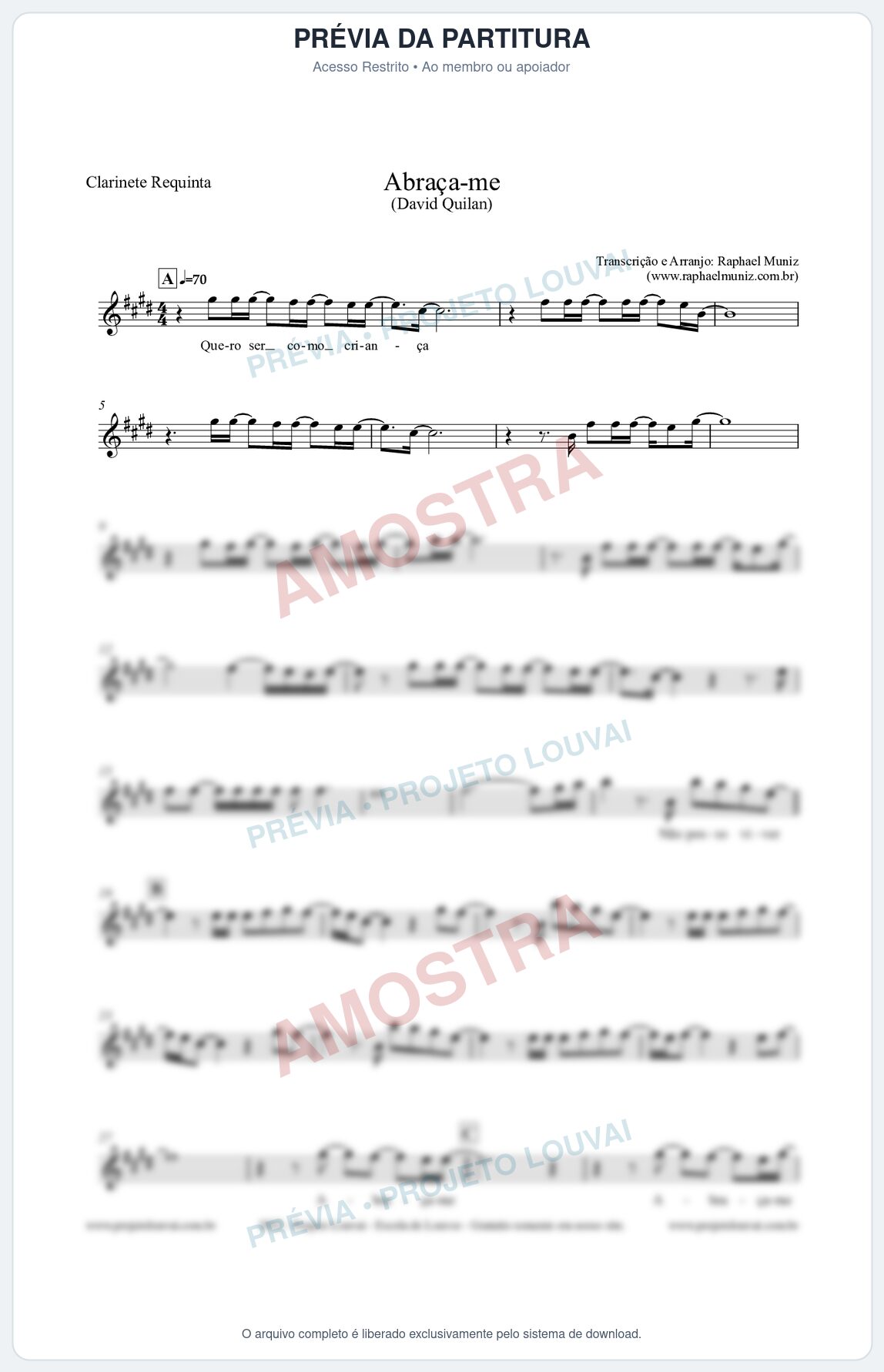 Prévia protegida da primeira página da partitura Partitura para Clarinete Requinta - Abraça-me - David Quinlan