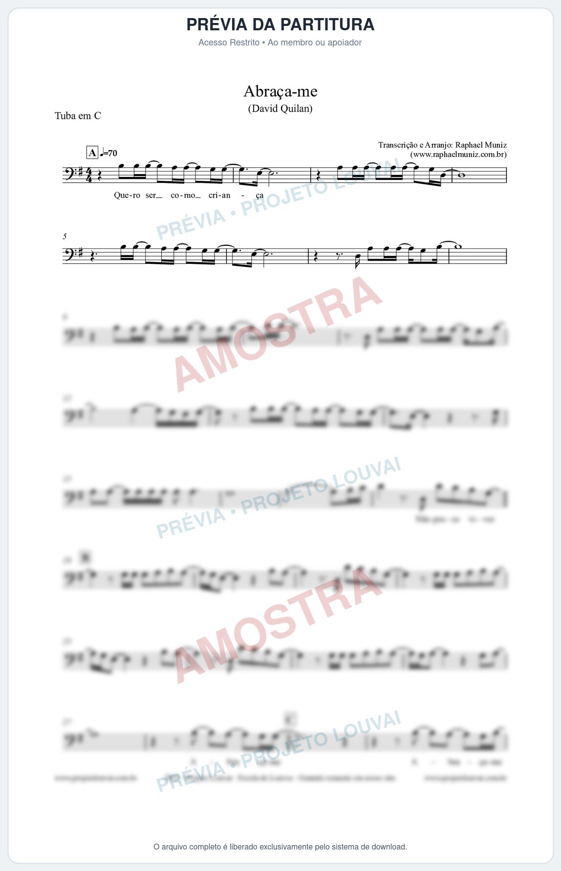 Prévia protegida da primeira página da partitura Partitura para Tuba em C - Abraça-me - David Quinlan