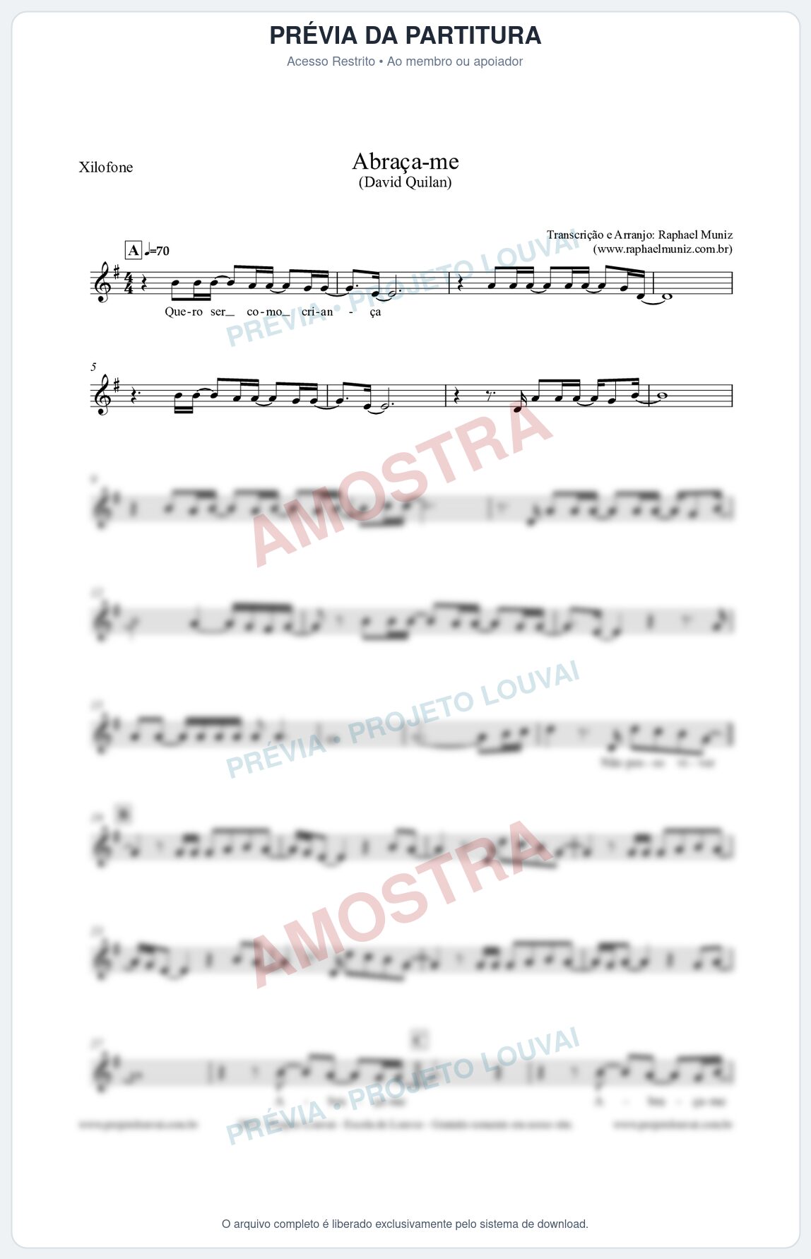 Prévia protegida da primeira página da partitura Partitura para Xilofone - Abraça-me - David Quinlan