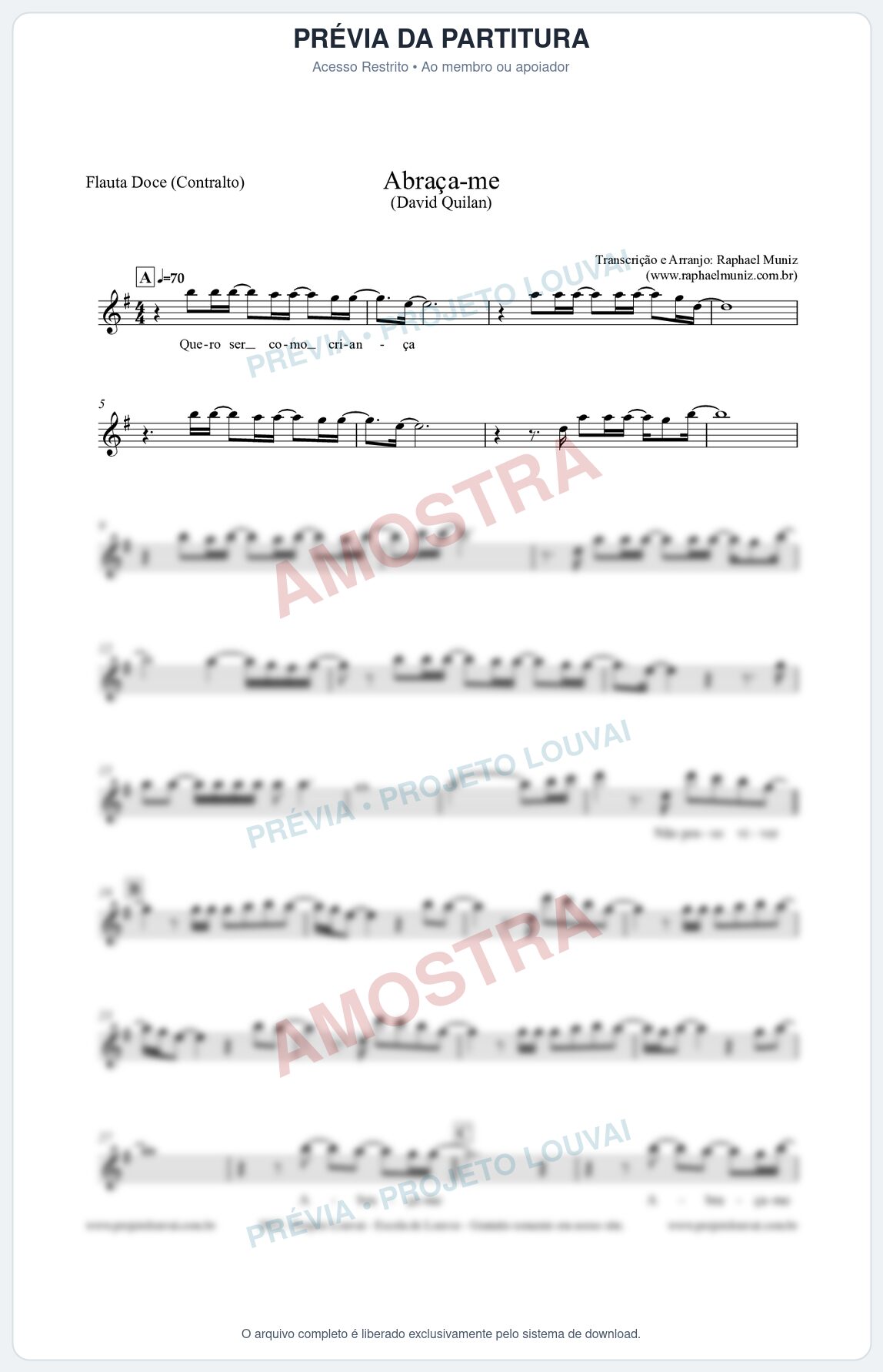 Prévia protegida da primeira página da partitura Partitura para Flauta Doce (Contralto) - Abraça-me - David Quinlan
