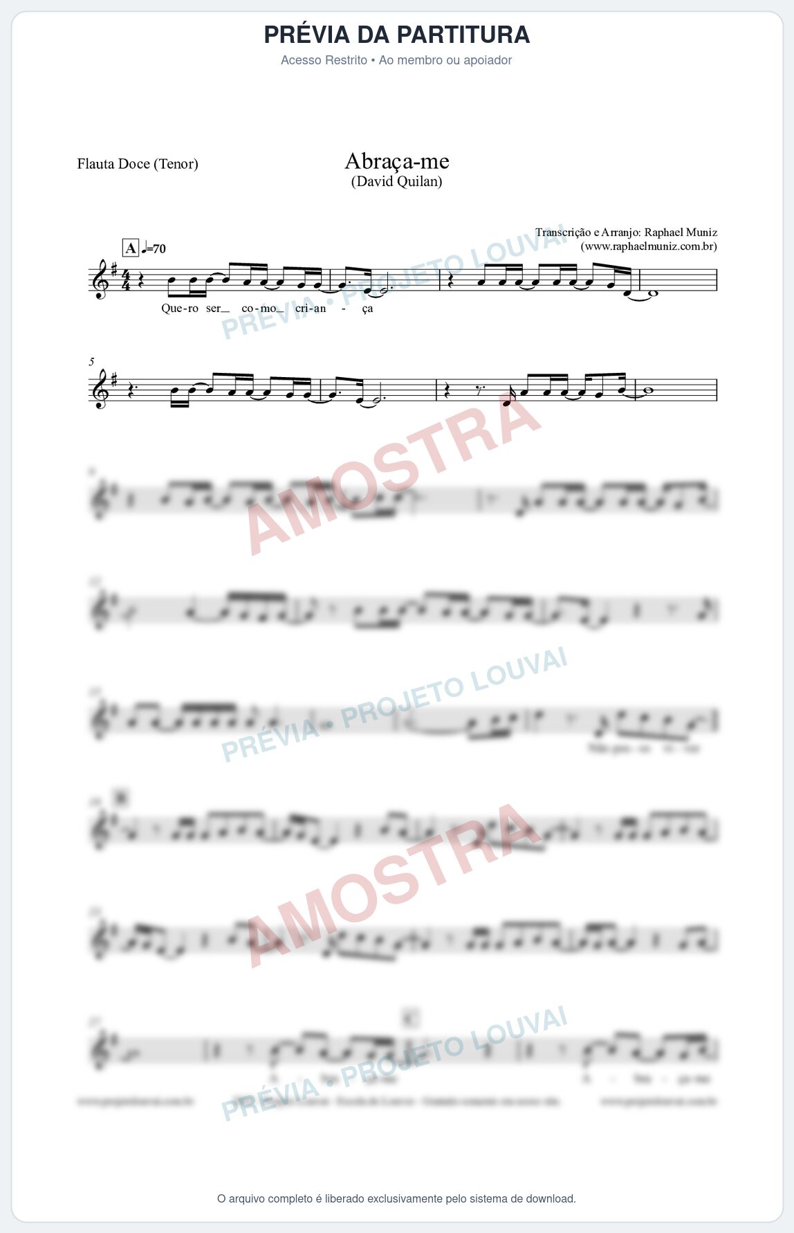 Prévia protegida da primeira página da partitura Partitura para Flauta Doce (Tenor) - Abraça-me - David Quinlan