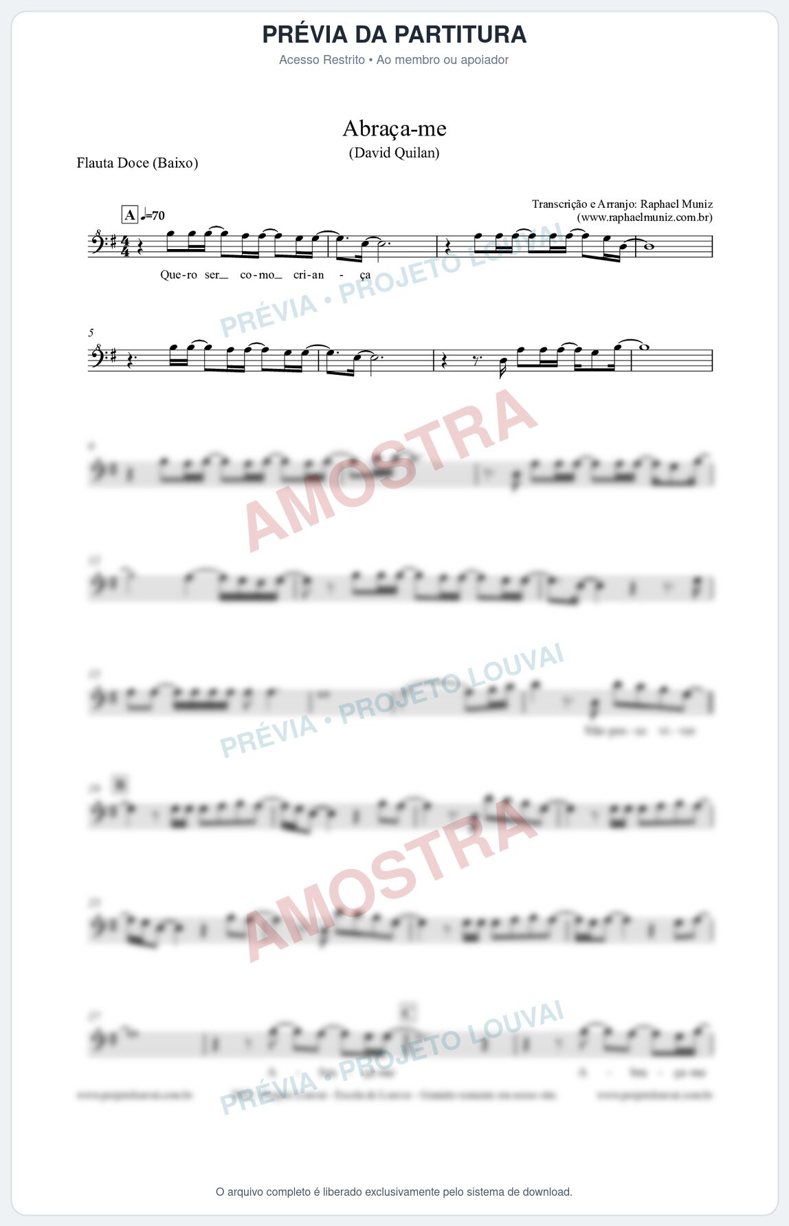 Prévia protegida da primeira página da partitura Partitura para Flauta Doce (Baixo) - Abraça-me - David Quinlan