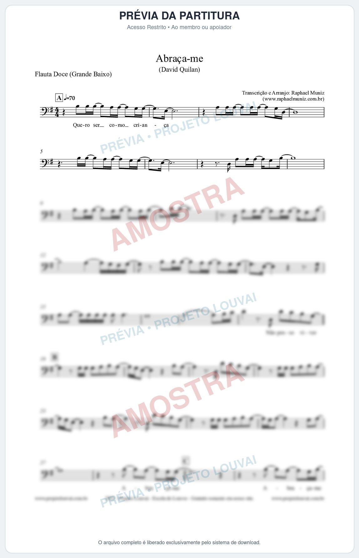 Prévia protegida da primeira página da partitura Partitura para Flauta Doce (Grande Baixo) - Abraça-me - David Quinlan