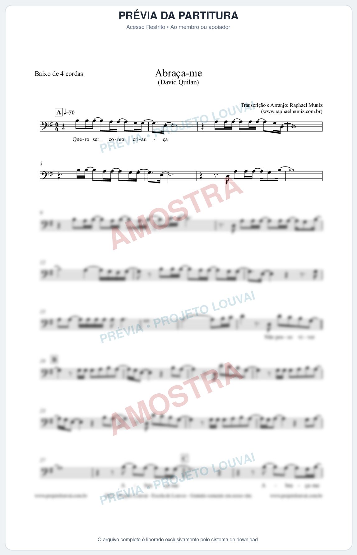 Prévia protegida da primeira página da partitura Partitura para Baixo de 4 cordas - Abraça-me - David Quinlan