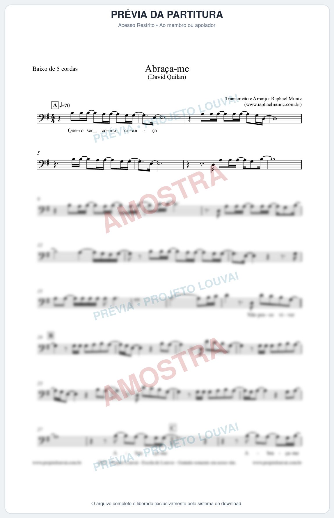 Prévia protegida da primeira página da partitura Partitura para Baixo de 5 cordas - Abraça-me - David Quinlan