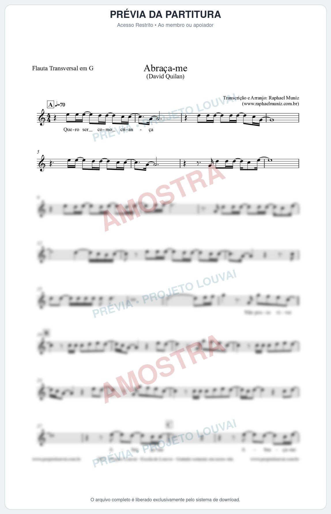 Prévia protegida da primeira página da partitura Partitura para Flauta Transversal em G - Abraça-me - David Quinlan