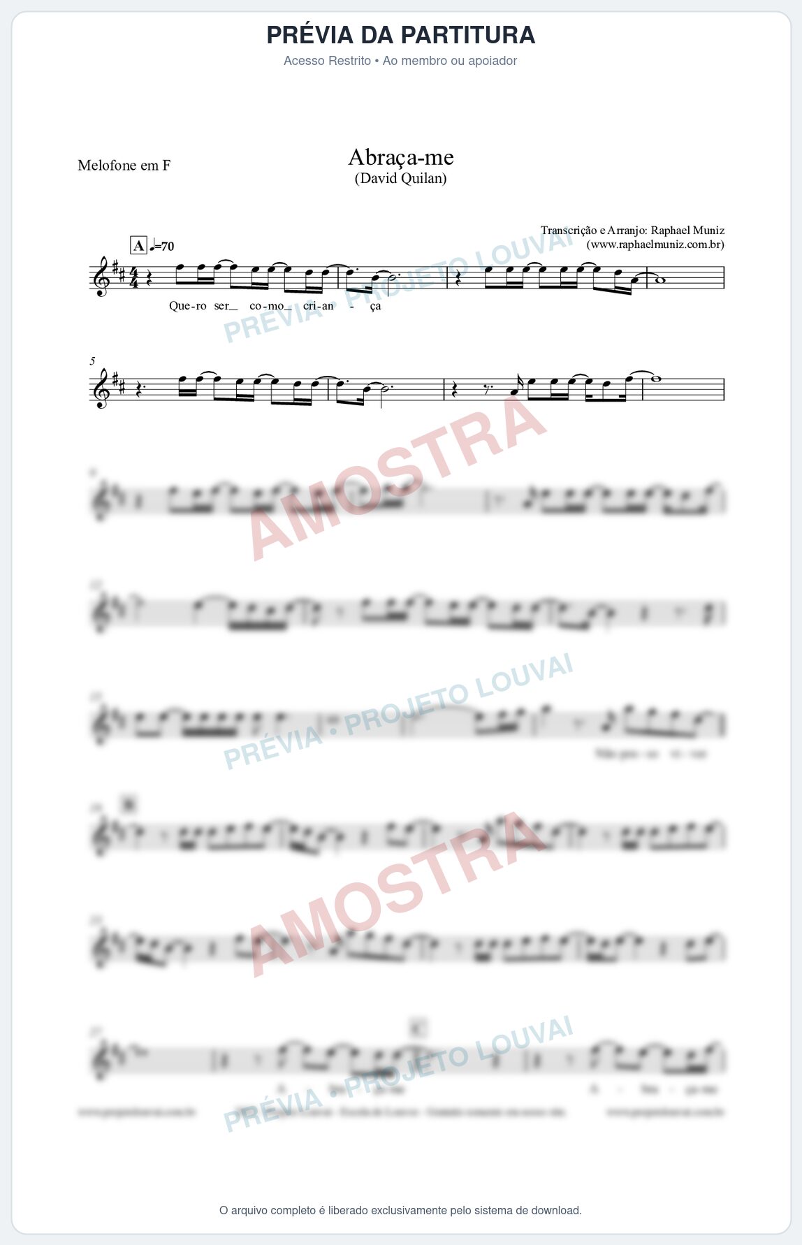 Prévia protegida da primeira página da partitura Partitura para Melofone em F - Abraça-me - David Quinlan