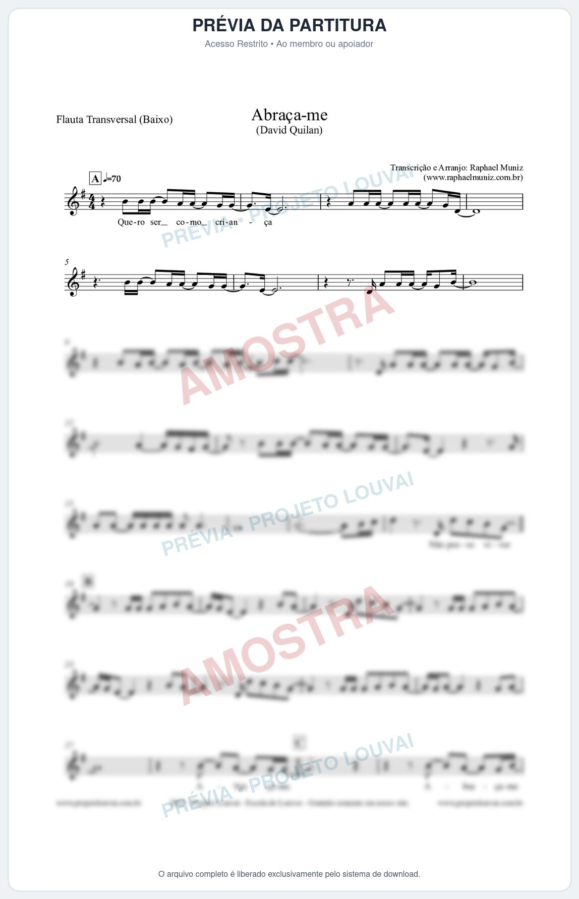 Prévia protegida da primeira página da partitura Partitura para Flauta Transversal (Baixo) - Abraça-me - David Quinlan