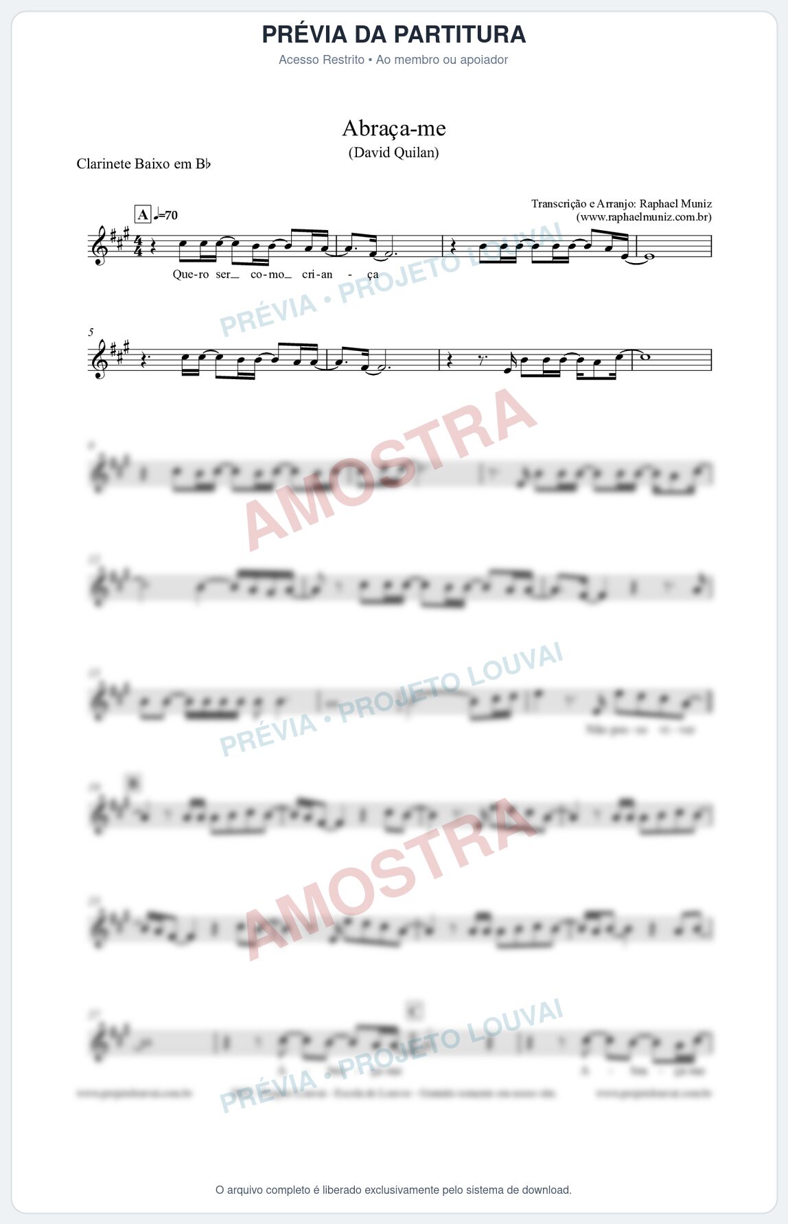 Prévia protegida da primeira página da partitura Partitura para Clarinete Baixo em Bb - Abraça-me - David Quinlan