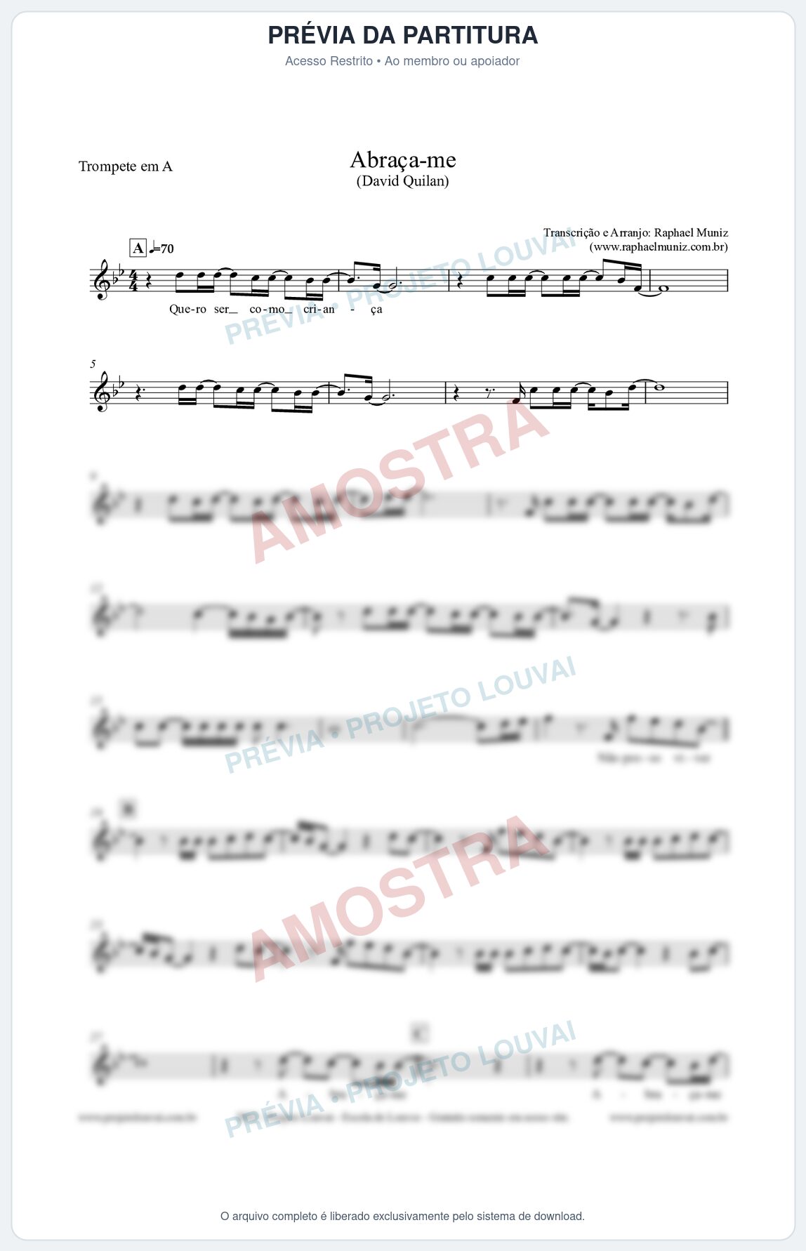 Prévia protegida da primeira página da partitura Partitura para Trompete em A - Abraça-me - David Quinlan