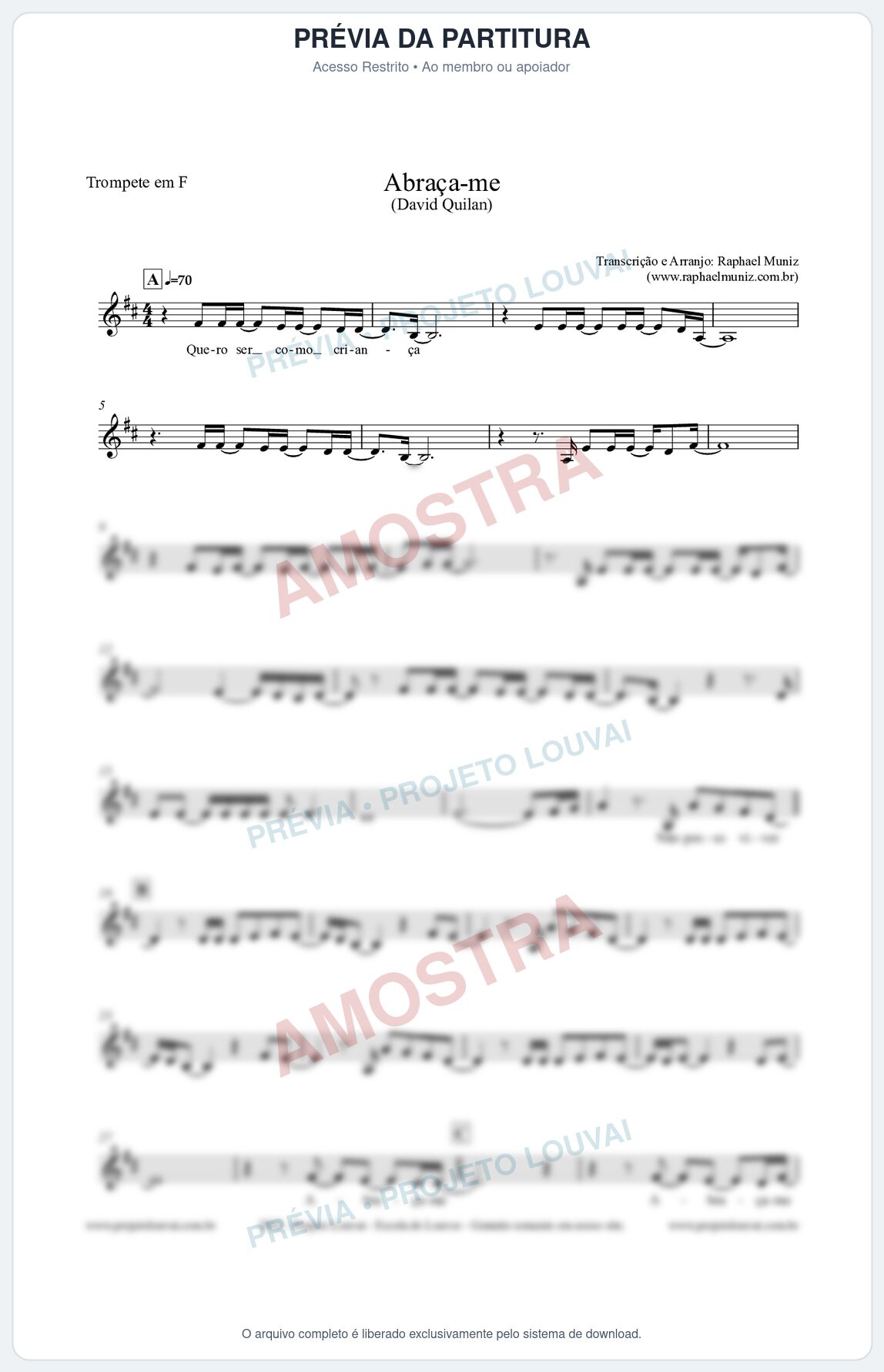 Prévia protegida da primeira página da partitura Partitura para Trompete em F - Abraça-me - David Quinlan