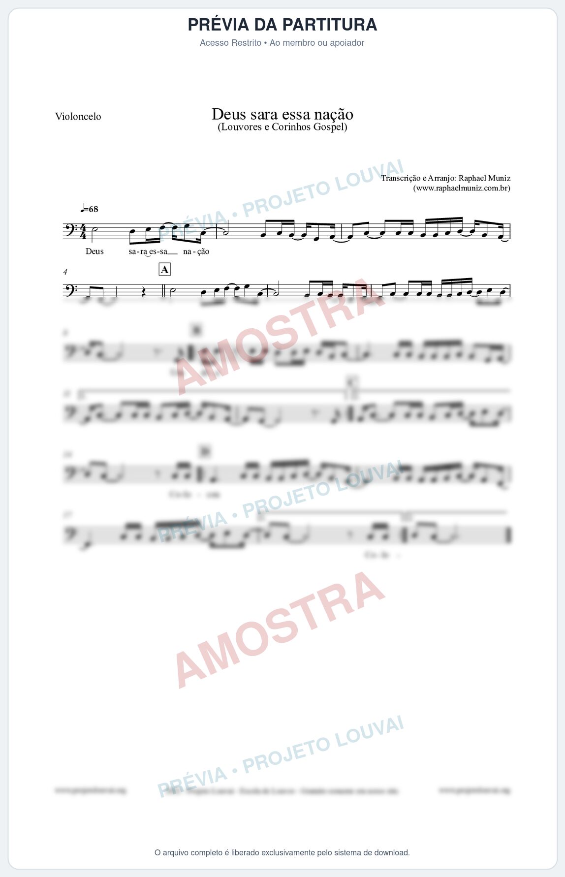 Prévia protegida da primeira página da partitura Partitura para Violoncelo - Deus sara essa nação - Louvores e Corinhos Gospel