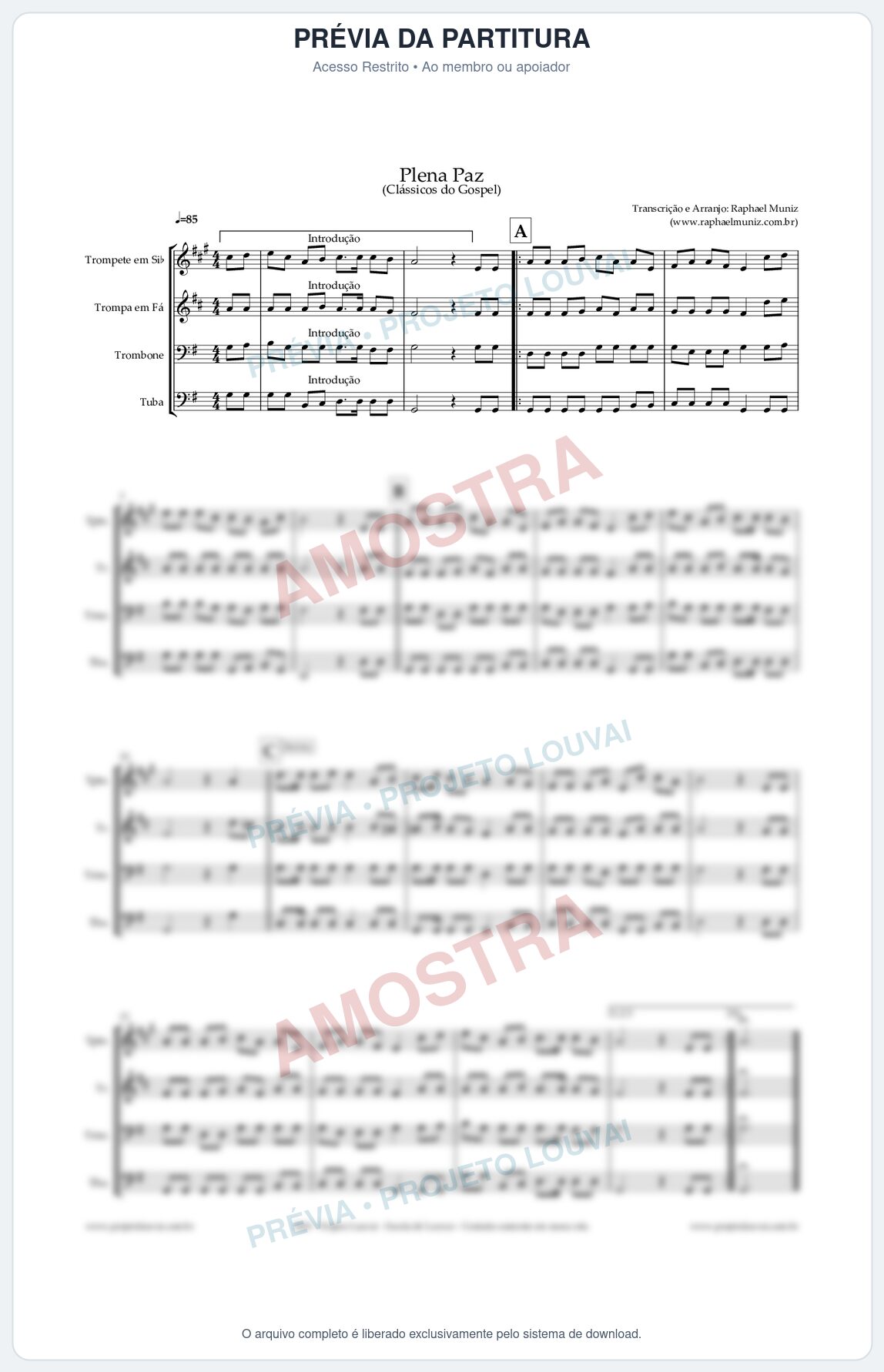 Prévia protegida da primeira página da partitura Partitura para Quarteto de Metais (Trompete em Bb, Trompa, Trombone, Tuba) - Plena Paz - Harpa Cristã nº 3