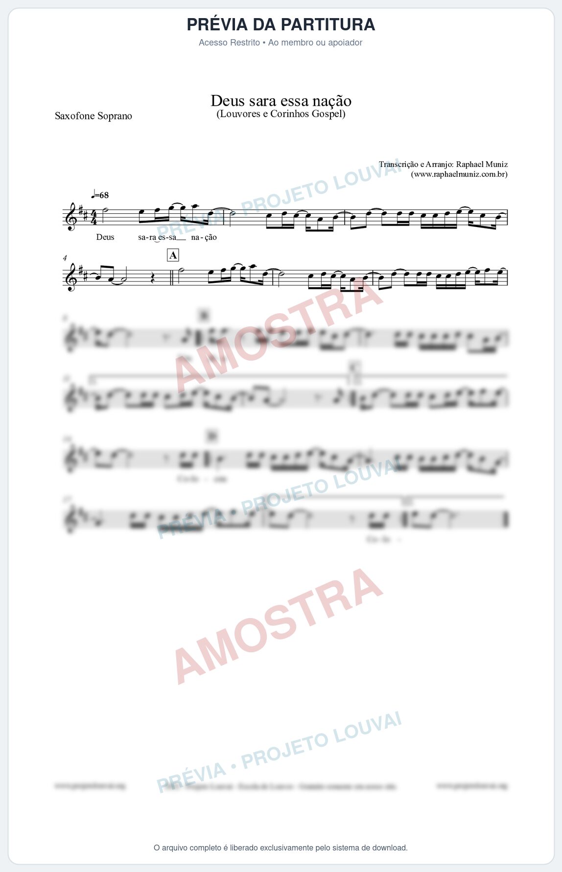 Prévia protegida da primeira página da partitura Partitura para Saxofone Soprano - Deus sara essa nação - Louvores e Corinhos Gospel