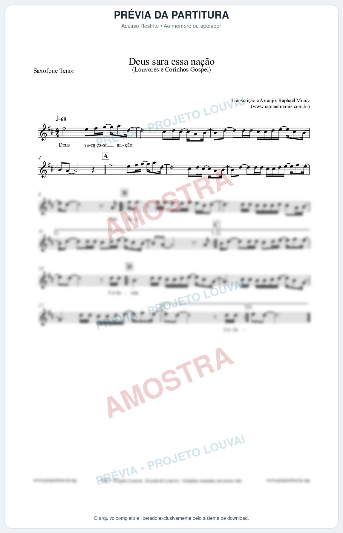 Prévia protegida da primeira página da partitura Partitura para Saxofone Tenor - Deus sara essa nação - Louvores e Corinhos Gospel