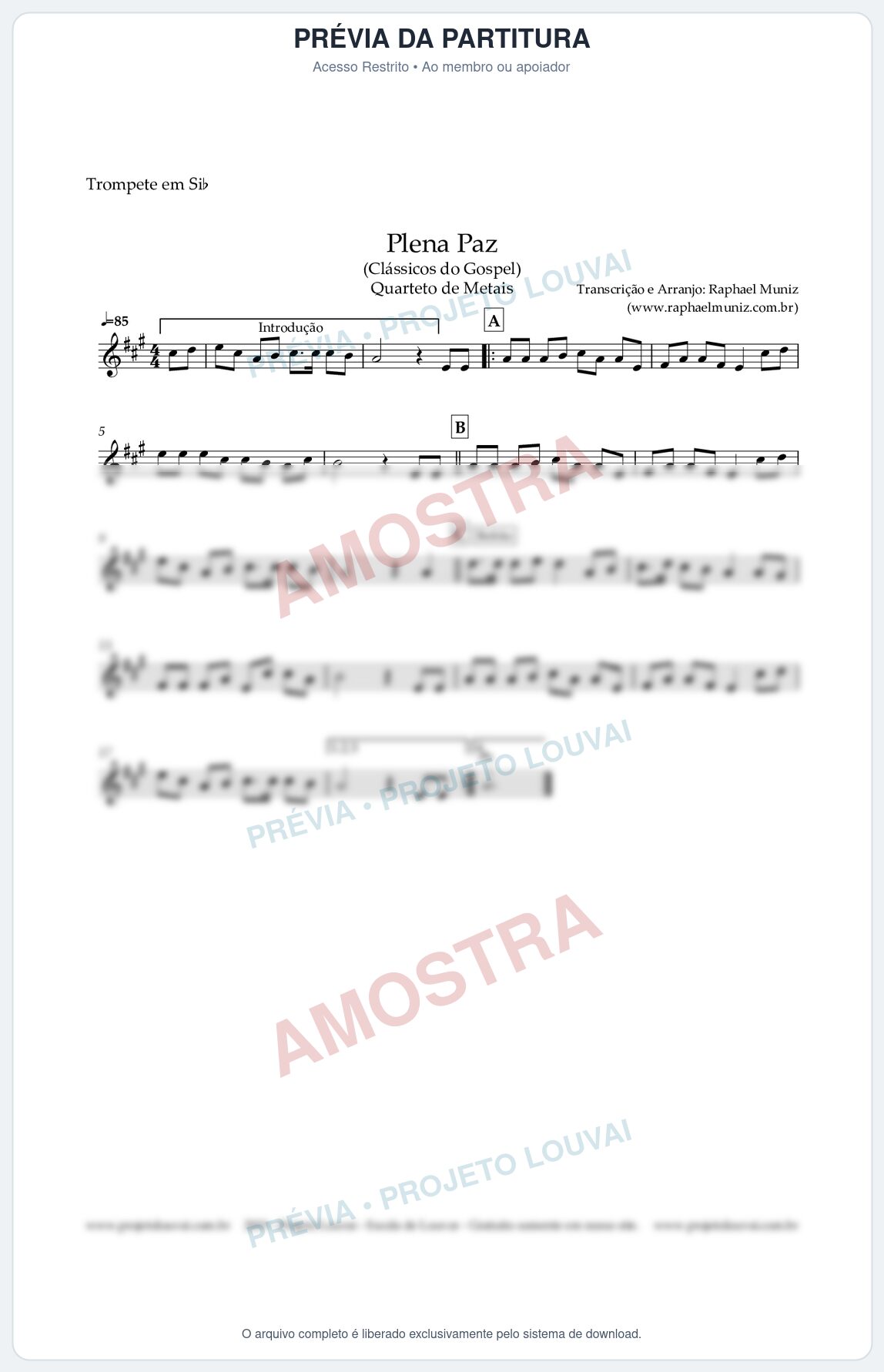 Prévia protegida da primeira página da partitura Partitura para Trompete em Bb - Plena Paz - Harpa Cristã nº 3 - Quarteto de Metais - Clássicos do Gospel