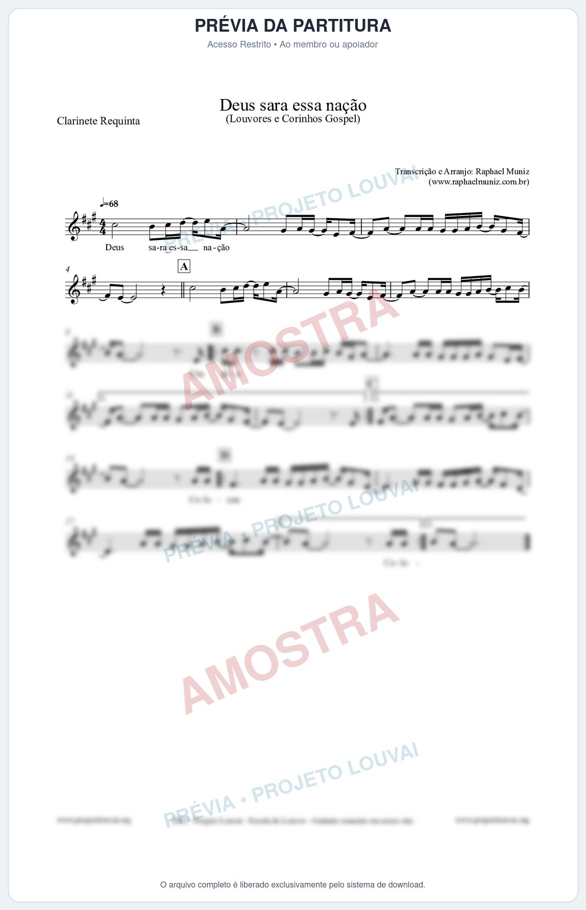 Prévia protegida da primeira página da partitura Partitura para Clarinete Requinta - Deus sara essa nação - Louvores e Corinhos Gospel