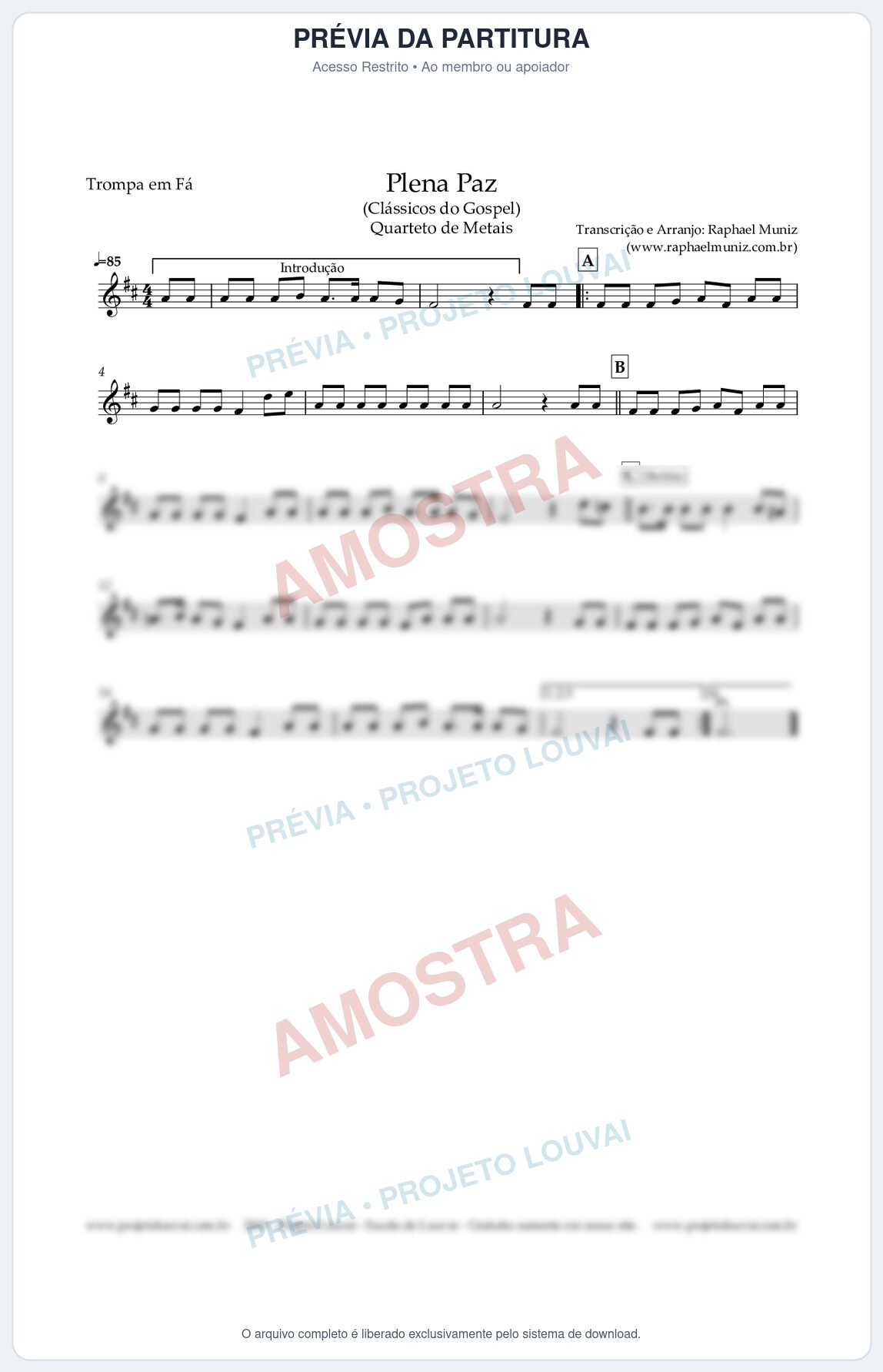 Prévia protegida da primeira página da partitura Partitura para Trompa em Fá - Plena Paz - Harpa Cristã nº 3 - Quarteto de Metais - Clássicos do Gosp