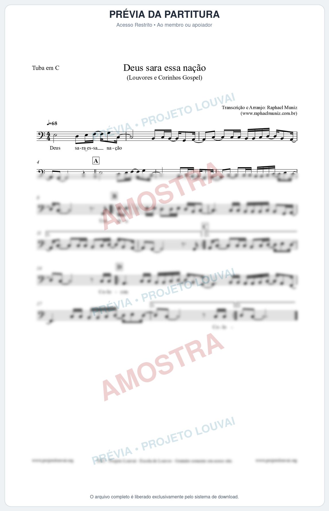 Prévia protegida da primeira página da partitura Partitura para Tuba em C - Deus sara essa nação - Louvores e Corinhos Gospel