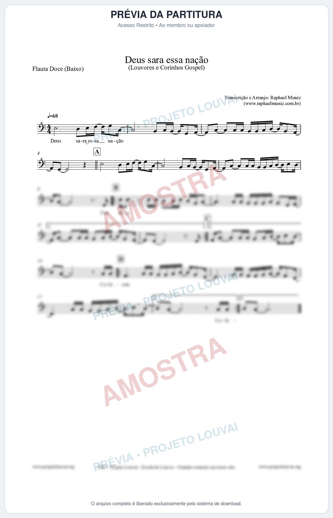 Prévia protegida da primeira página da partitura Partitura para Flauta Doce (Baixo) - Deus sara essa nação - Louvores e Corinhos Gospel