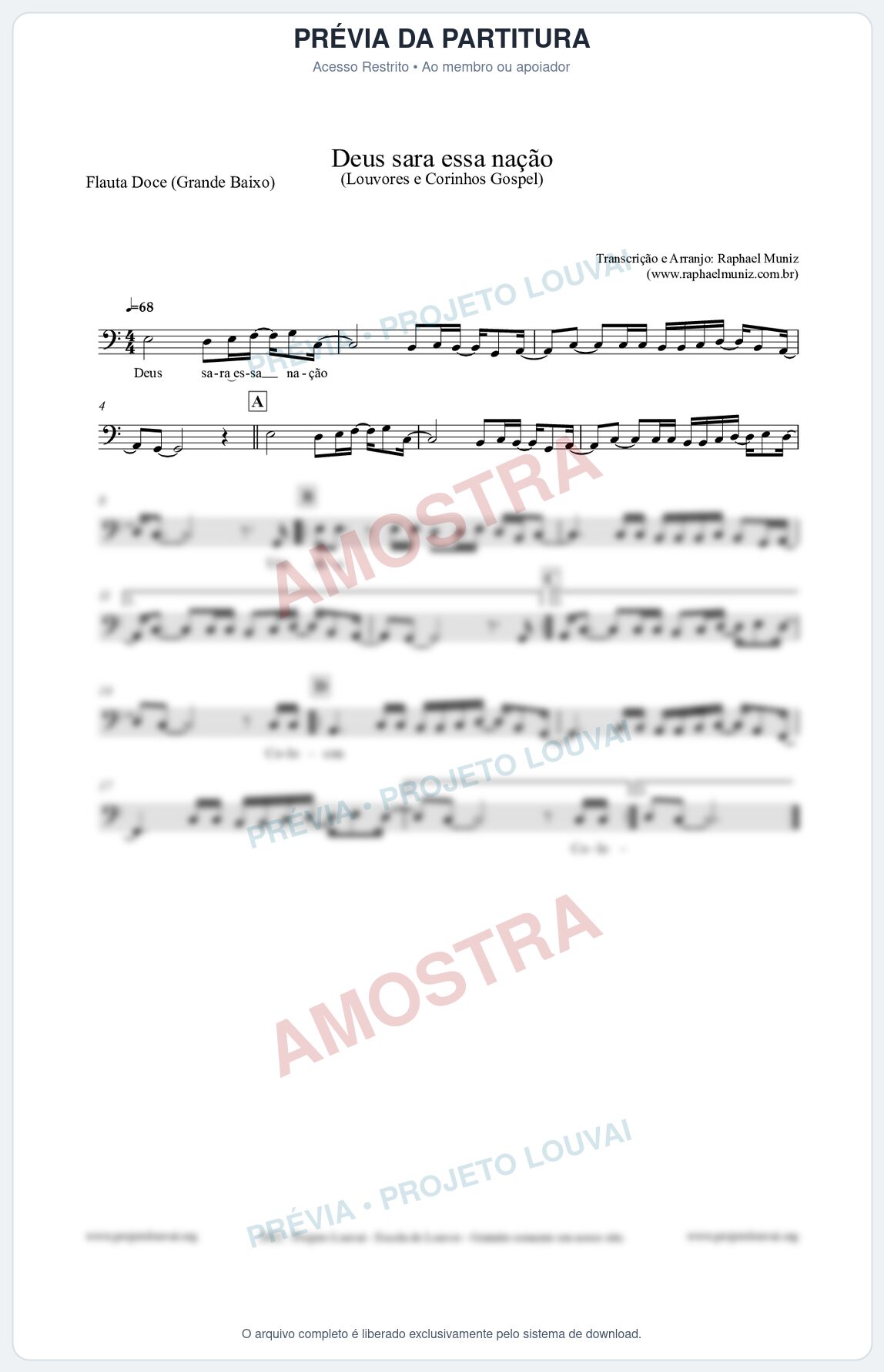 Prévia protegida da primeira página da partitura Partitura para Flauta Doce (Grande Baixo) - Deus sara essa nação - Louvores e Corinhos Gospel