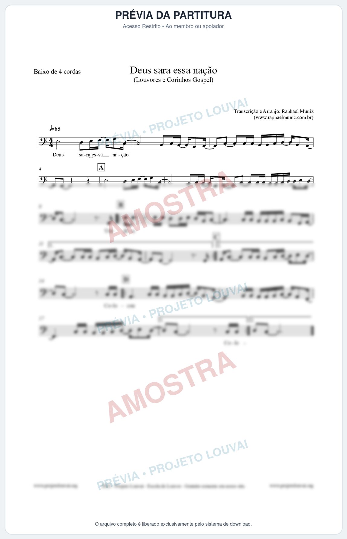 Prévia protegida da primeira página da partitura Partitura para Baixo de 4 cordas - Deus sara essa nação - Louvores e Corinhos Gospel