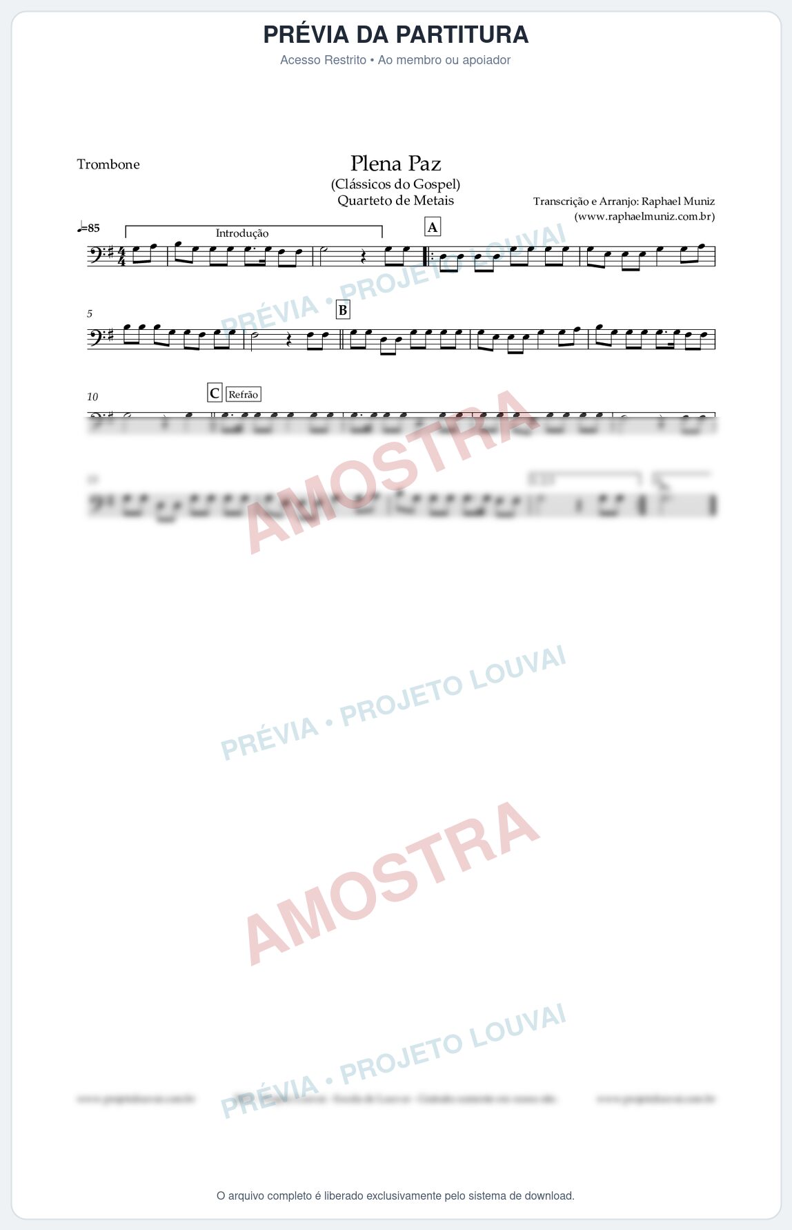 Prévia protegida da primeira página da partitura Partitura para Trombone - Plena Paz - Harpa Cristã nº 3 - Quarteto de Metais - Clássicos do Gospel