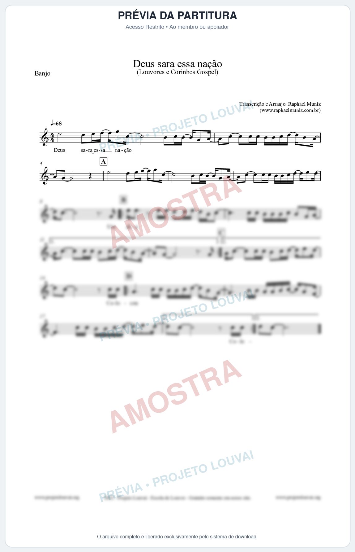 Prévia protegida da primeira página da partitura Partitura para Banjo - Deus sara essa nação - Louvores e Corinhos Gospel